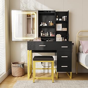 Vanity Desk, Makeup Vanity Desk with Mirror and Lights, Power Outlets, Cushioned Chair, Hairdryer Holder, 3 Lighting Colors, 4 Drawers and 5 Storage Shelves for Bedroom (Black)