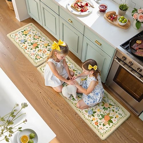 Miniatura 8 de KIMODE Tapetes de cocina para suelo antifatiga, color beige, bohemio, alfombras de cocina antideslizantes, tapetes acolchados de espuma Beige,Azul