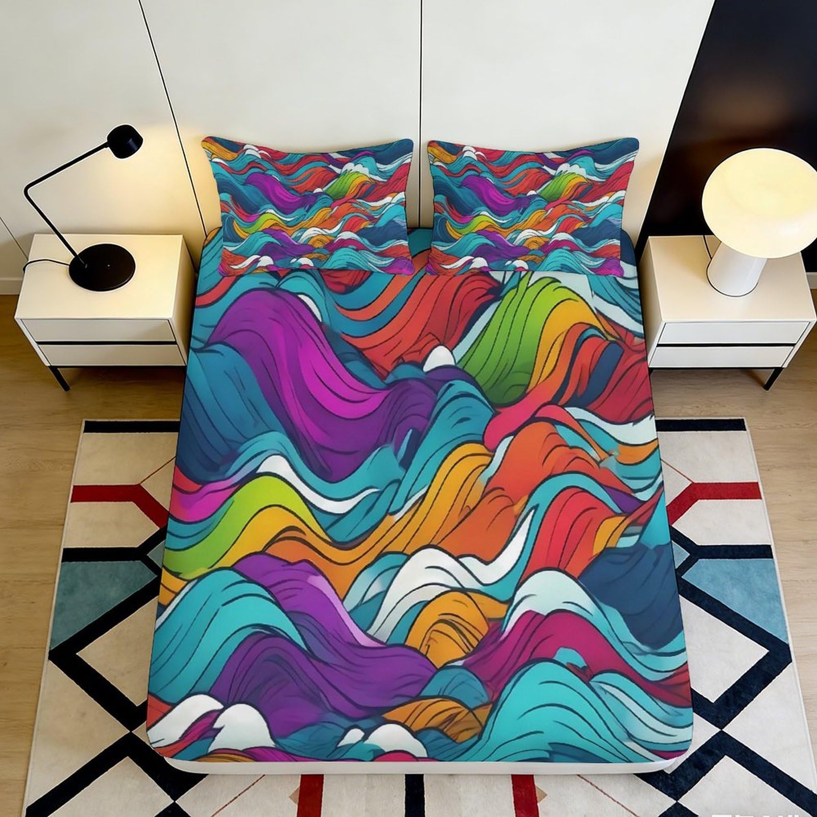 3D Printed Colorful Wave Pattern Fitted Sheet Microfiber Soft Breathable Abstract Swirl Bed Sheet for Bedroom Dorm Protection Decor 200x200x25cm