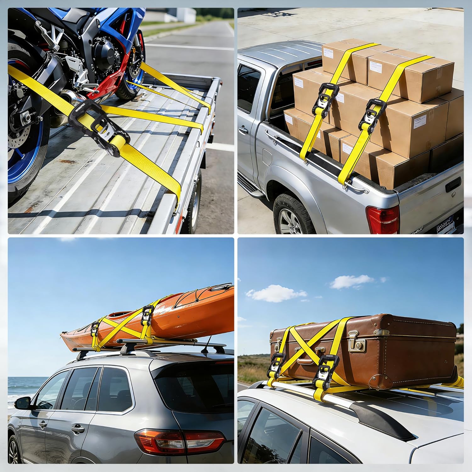 WORKPRO Ratchet Tie Down Straps, 2-Pack | 1.5" x 16' | 3300 lbs Break Strength Heavy Duty Ratchet Straps, Fits for Moving Appliances Motorcycle ATV Truck (Yellow)