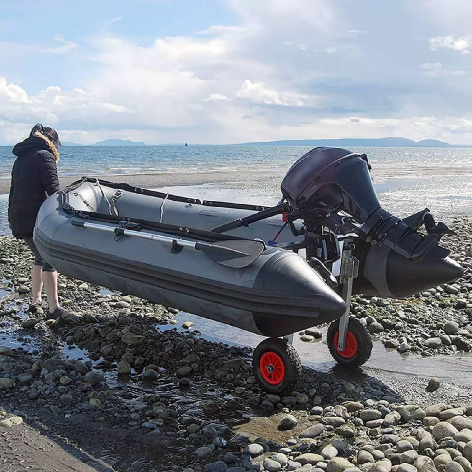 Anhänger Rad Transom Boot Aluminium Bootszubehör mit Anpassbarer Halterung Zum Optimalen Bewegen von Schlauchbooten für Familie Urlaub, Gelb, Vollgummirad