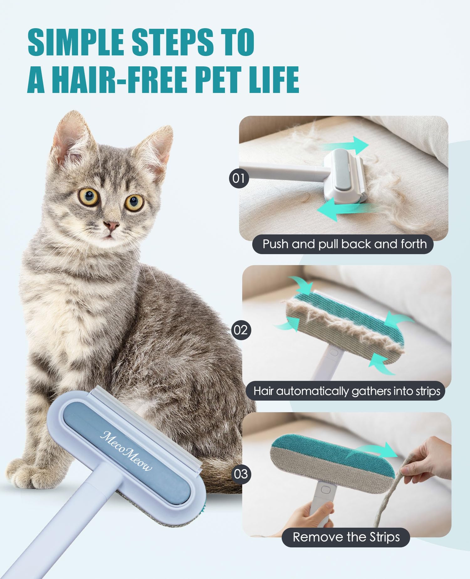 MecoMeow Pet Hair Removal Brush for Couch, Durable, Reusable, Washable Lint Cleaner for Dog and Cat Hair, Gentle on Furniture, Effective on Carpets, Clothing, Bedding-Basic 2