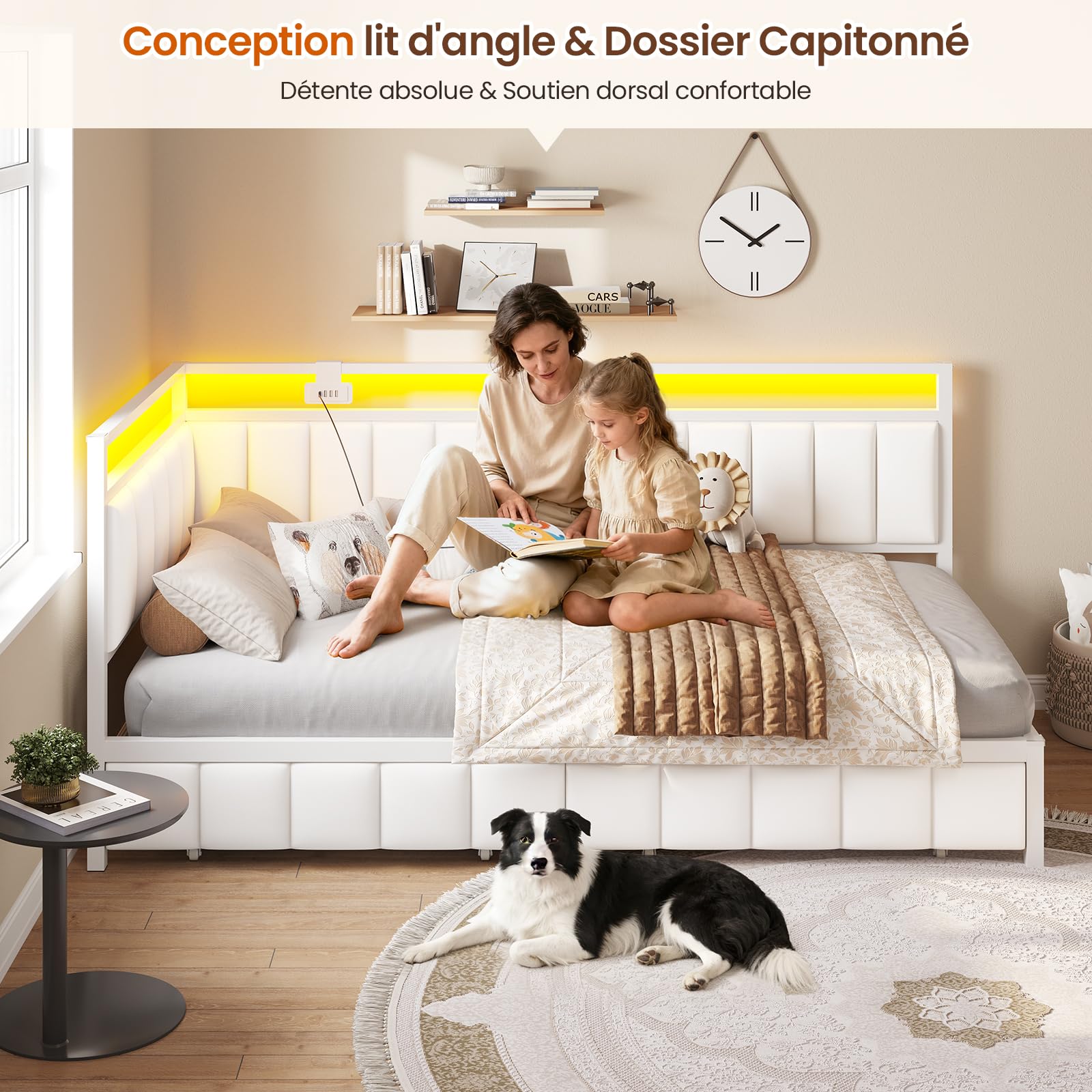 DICTAC Canapé lit 90x190 avec éclairage LED et Prise USB,Cadre de Lits 90x190 avec Sommier à Lattes en métal,Lit Banquette Lits Coffre avec 2 tiroir de Rangement pour Studio/Chambre,Beige-sans Matela