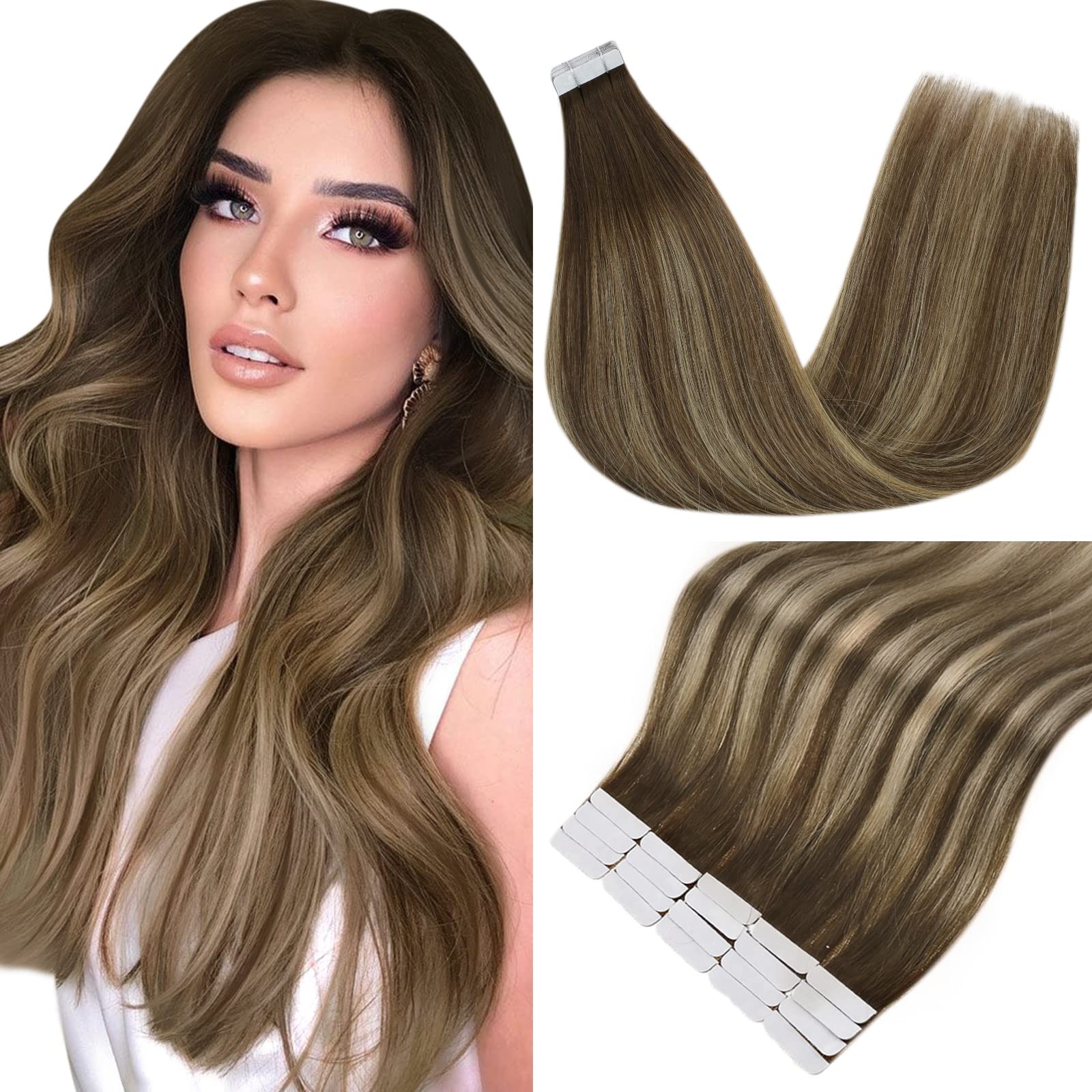 Balayage Brown Tape in Hair Extensions Human Hair Remy Silky Soft Tape Hair Extensions Balayage Dark Brown Fading to Caramel Blonde with Dark Brown 16 inch 20 Pcs 50 g