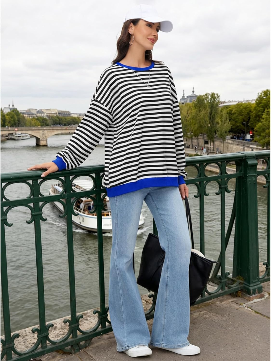 Women Oversized Striped Sweatshirt Casual Long Sleeve Pullover Shirt Crew Neck Color Block Loose Top Fall Winter - Image 6