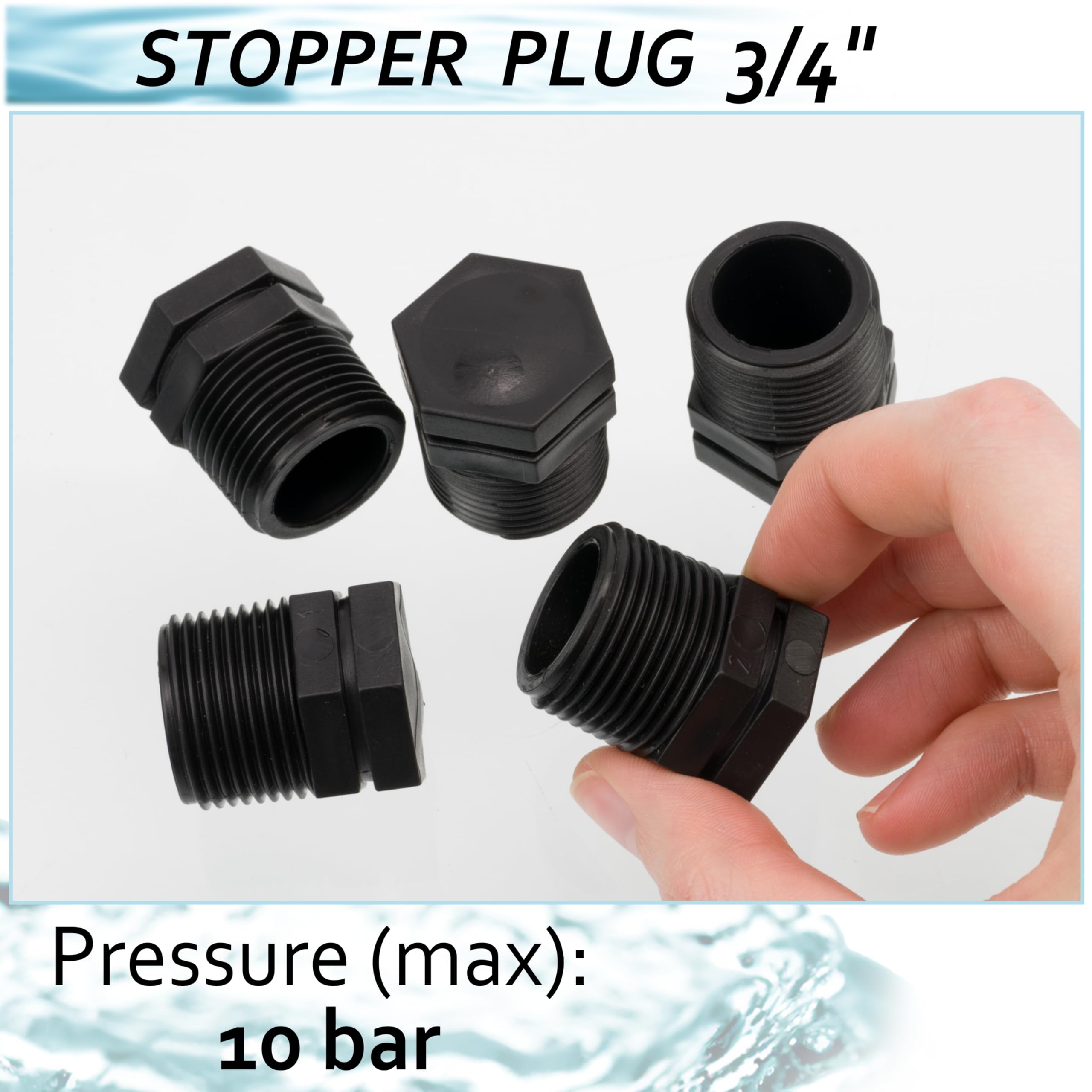 AERZETIX Lot de 5 Bouchons Mâles 3/4" Polyéthylène pour Tuyau d'Arrosage Irrigation Pression Max 10 Bars Noir