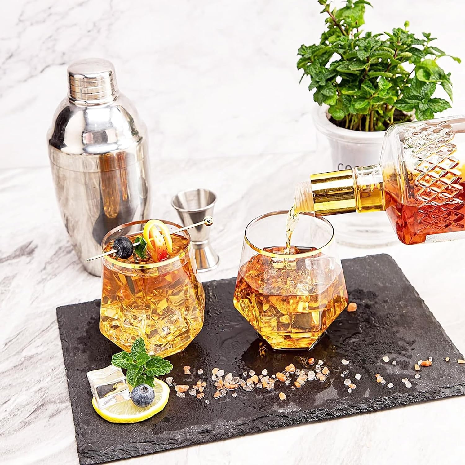 40 Pcs Plastic Stemless Wine Cups,12 oz Gold Rim Plastic Diamond Wine Glass Disposable Drinking Glasses Unbreakable Cocktail Whiskey Champagne Glasses for Housewarming Birthday Party Wedding - Image 6