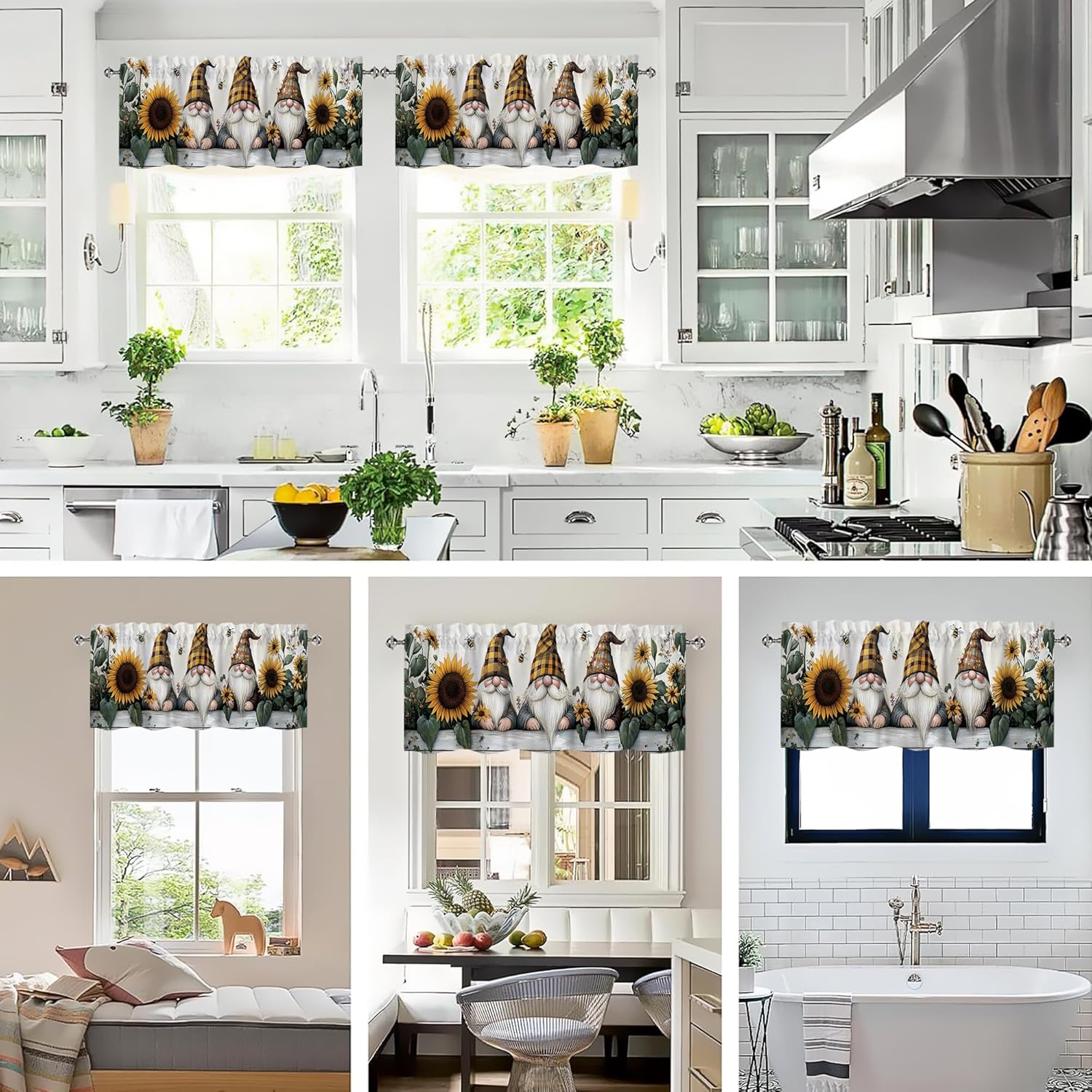 Sunflower Bee Gnomes Valances for Windows 2 Pack,Rod Pocket Valance Curtains,Small Window Treatment Valances for Kitchen Living Room,Bedroom,Bathroom,Home Decor,18x54 Inch,2 Panel