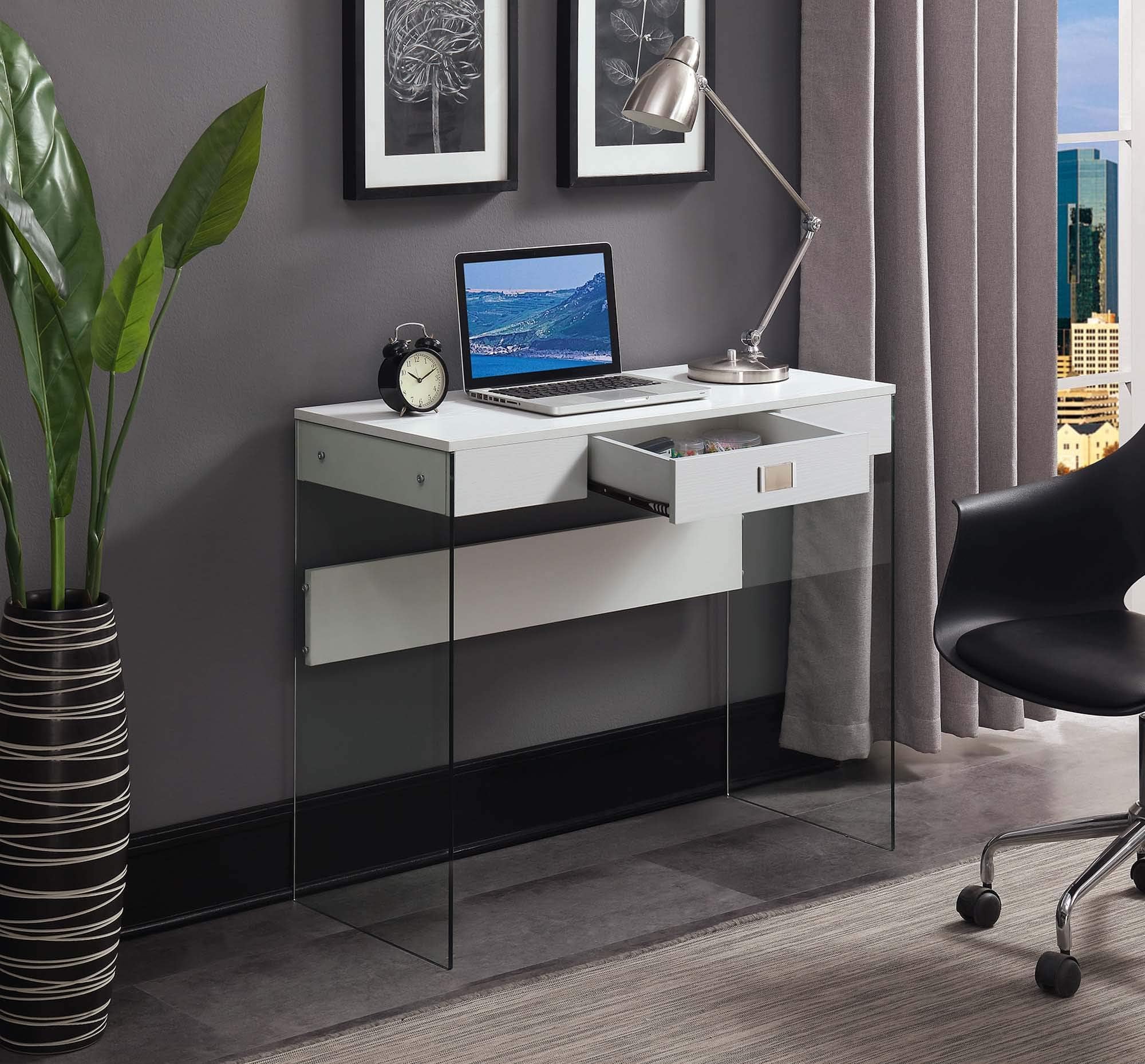 Convenience Concepts SoHo - Escritorio de cristal con 1 cajón, 36 pulgadas, color blanco