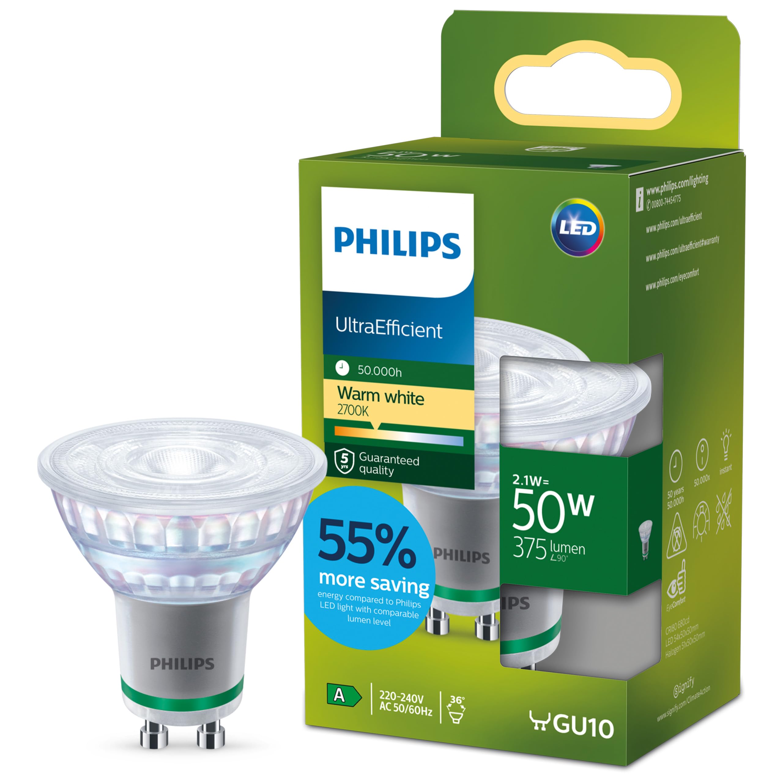 Philips Classic ultra-efficient LED bulb with energy efficiency class A, GU10 bulb, replaces 50W, warm white light, non-dimmable
