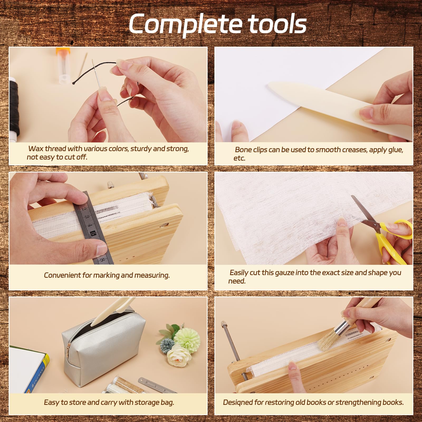 HomdMarket Kits de encuadernación de libros, prensa de libros de madera (11.8 x 7.6 pulgadas), suministros de encuadernación para libros de bricolaje, juego de herramientas de inicio con bolsa de