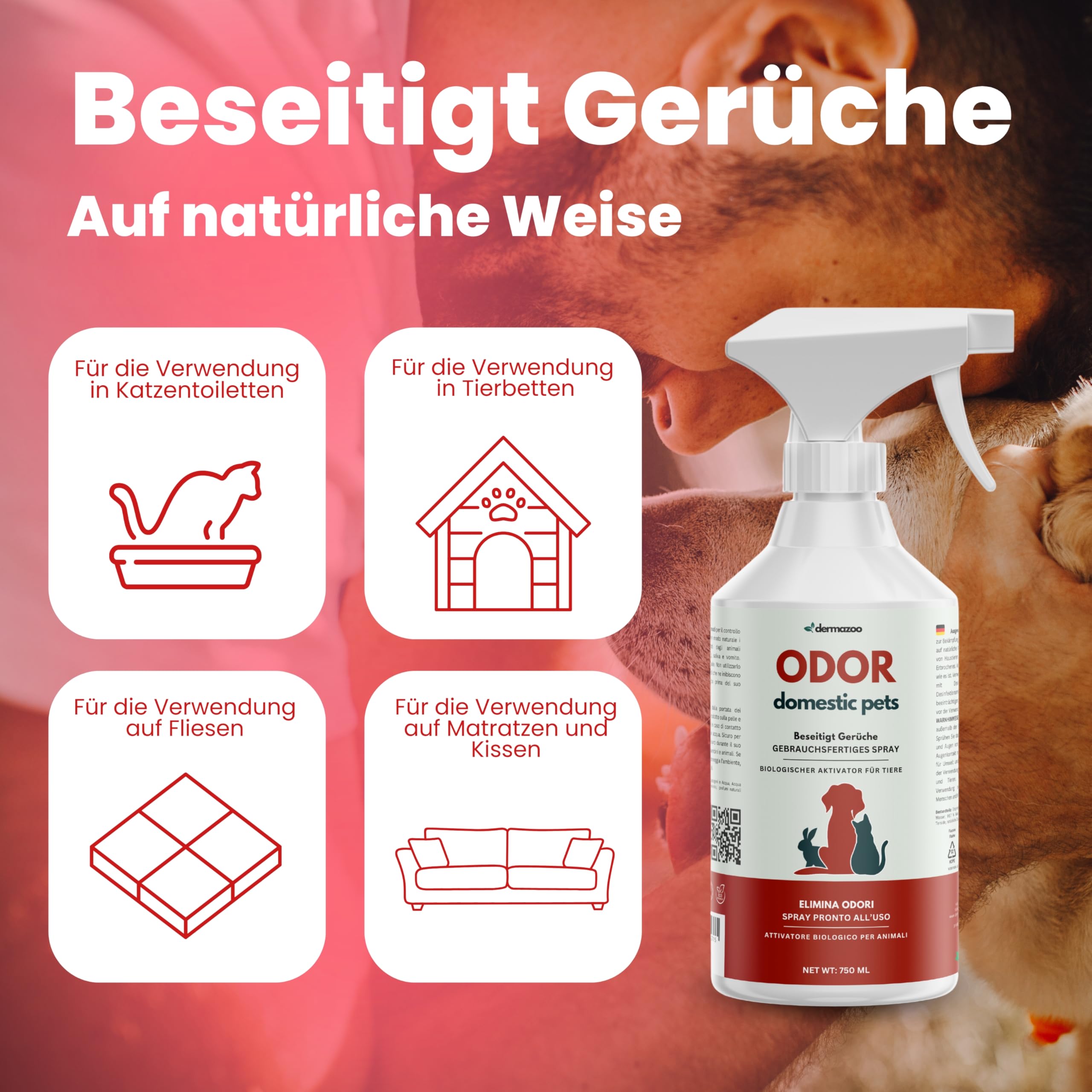Dermazoo Enzymreiniger Katzenurin & Hundeurin, 750ml Geruchsneutralisierer & Geruchsentferner Spray für Sofa, Matratzenreiniger, Teppich & Textilien, Haustier Welpen Hygiene