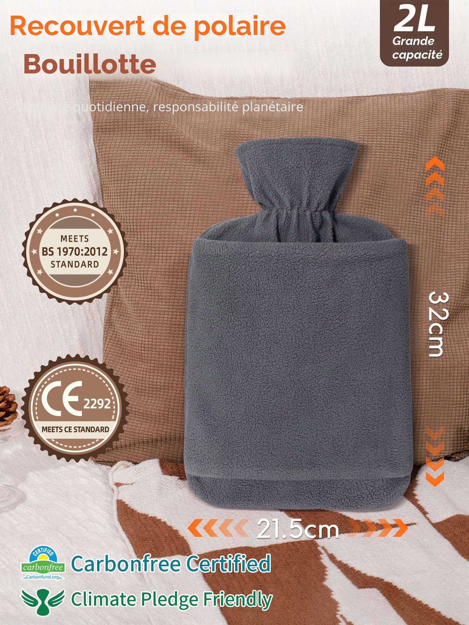 Bouillotte Avec Housse En Non-Tissé - Grande Bouillotte Eau Chaude Anti-Fuite De 2L - Bouillote Douce Avec Poche Kangourou - Pour Enfants Et Adultes (Gris)