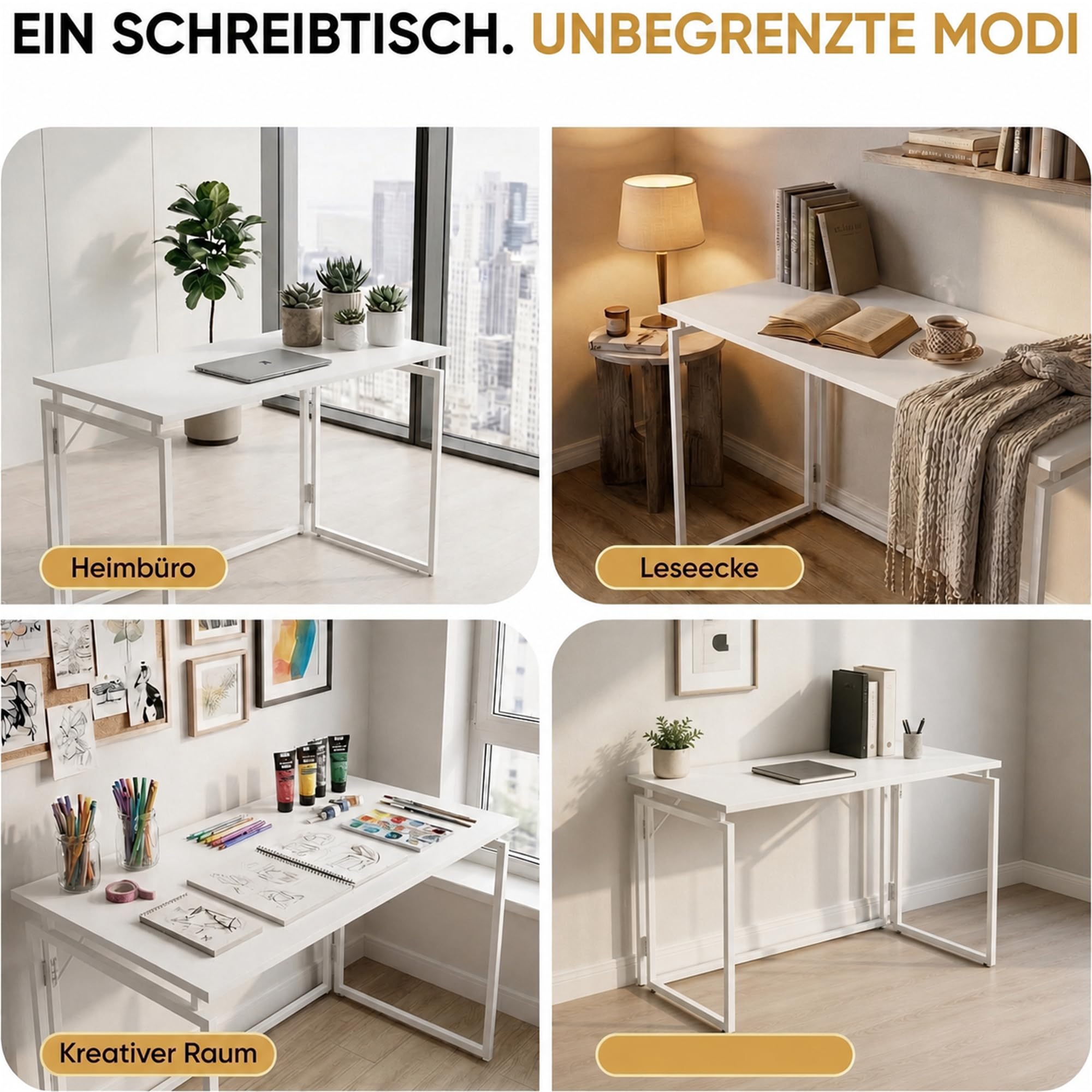 MUSSO F5 Klappschreibtisch, 80 x 40 cm, Montagefrei, Weiß | 80 x 40 cm Platte, klappbar, montagefrei, Homeoffice, Studium und Basteln