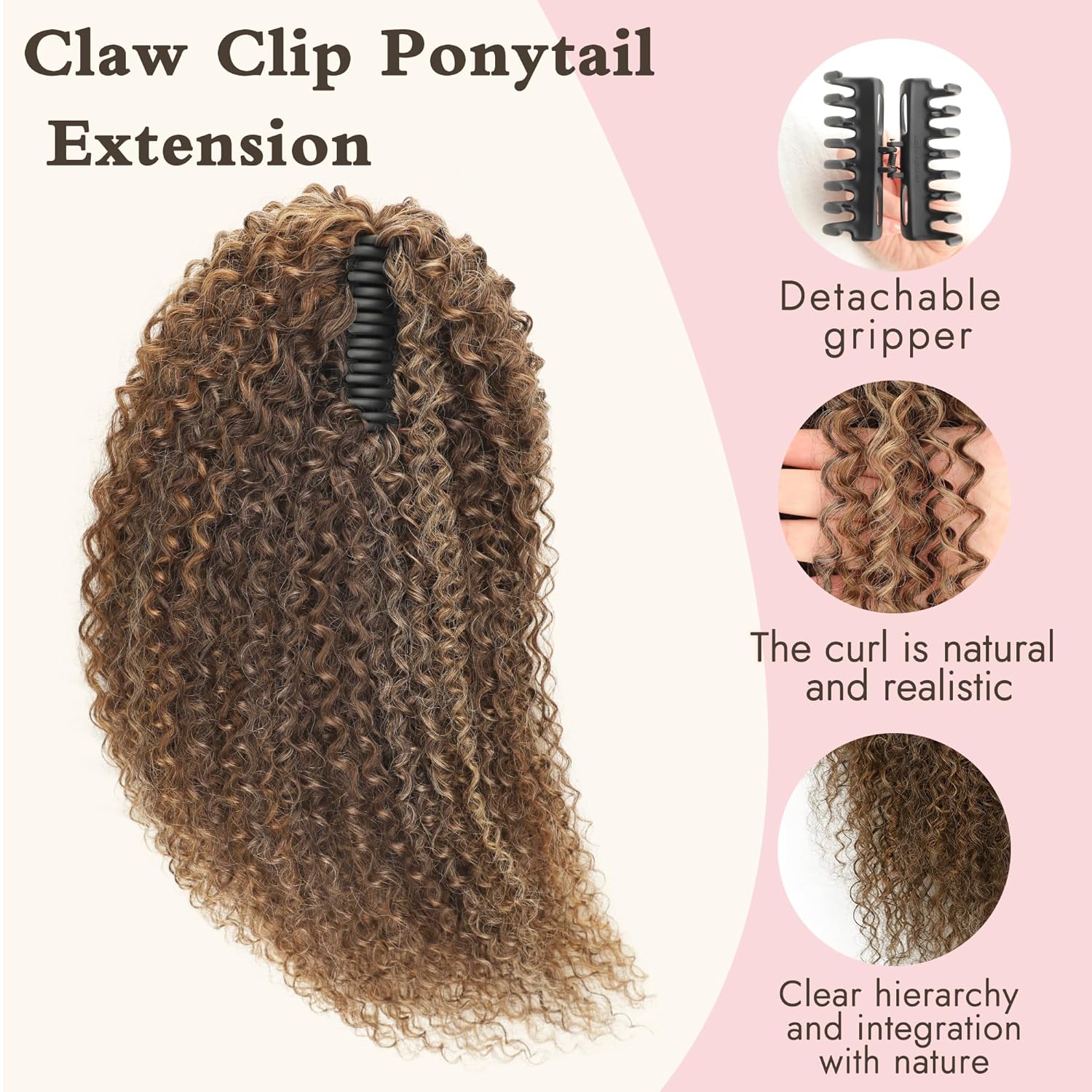 Isaic Ponytail Extension, 20 inch Curly Claw Clip in Ponytail Voluminous Synthetic Hairpiece for Daily Use(Chocolate Brown with Blonde Highlights)