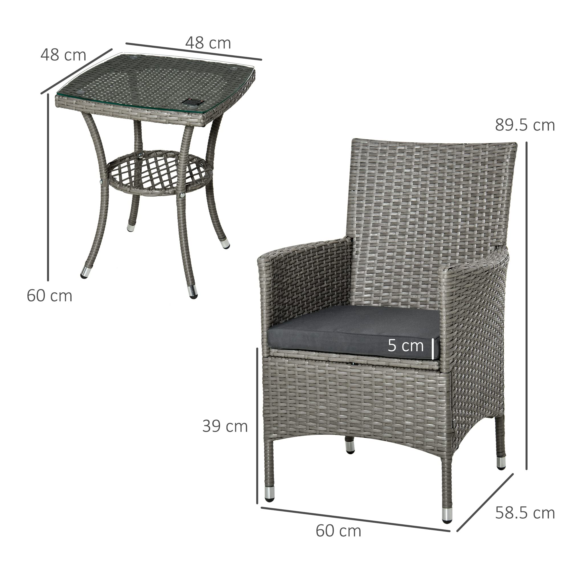 Outsunny Set Giardino Esterno 3 Pezzi Rattan PE Acciaio, 2 Sedie Cuscini Lavabili Braccioli Tavolino Caffè Vetro Grigio