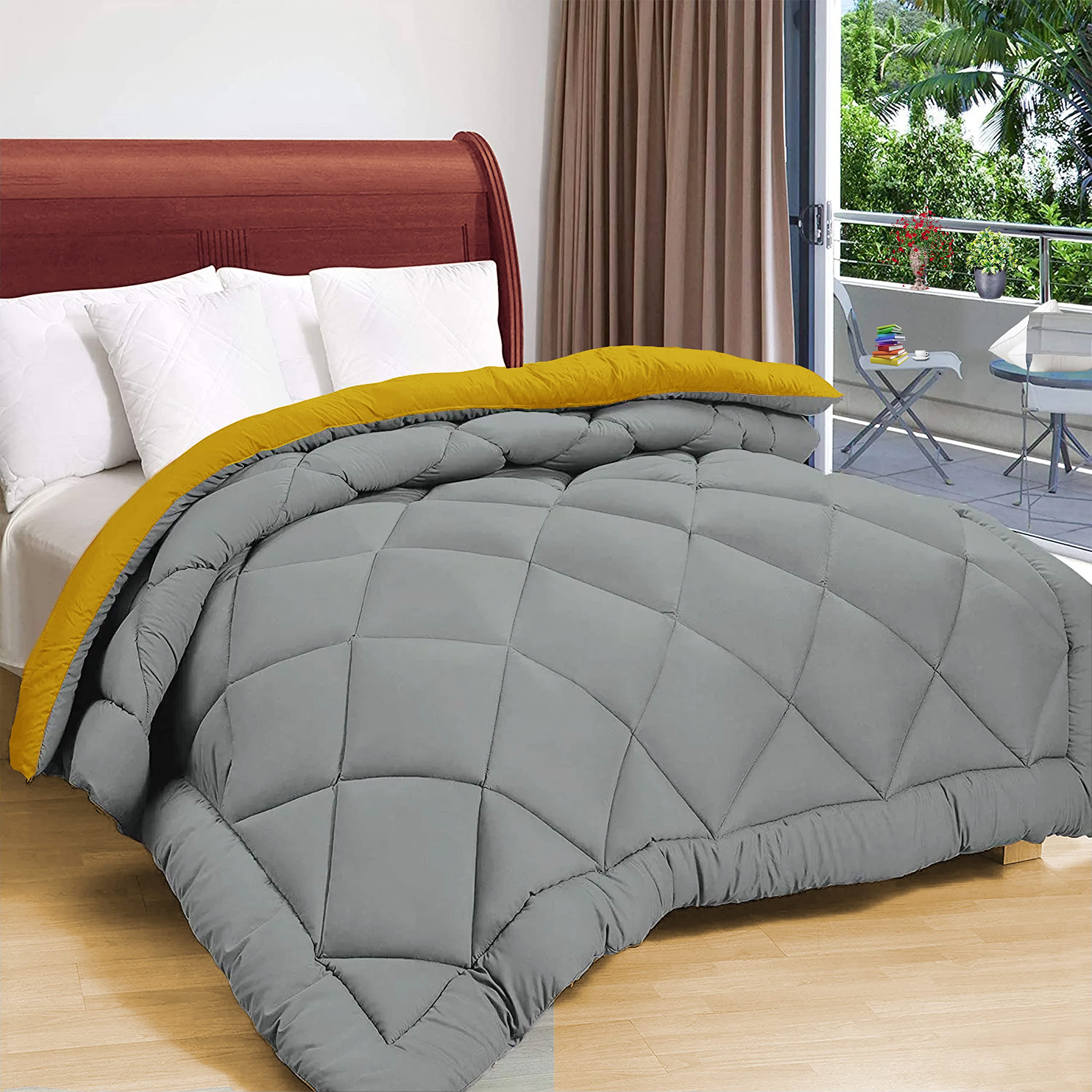 VAS COLLECTIONS Microfibre All Season/Winter Solid Reversible Double Bed Comforter Blanket | Quilt | Razai - (220 GSM, Light Grey & Yellow) 220x240cm-image-40