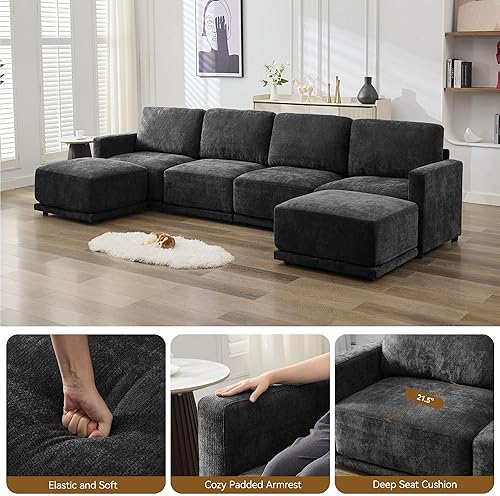 Miniatura 4 de Sofá modular en forma de L de 110.6 pulgadas, sofá modular de asiento profundo con otomana móvil, sofás gruesos de 4 asientos de gran tamaño para