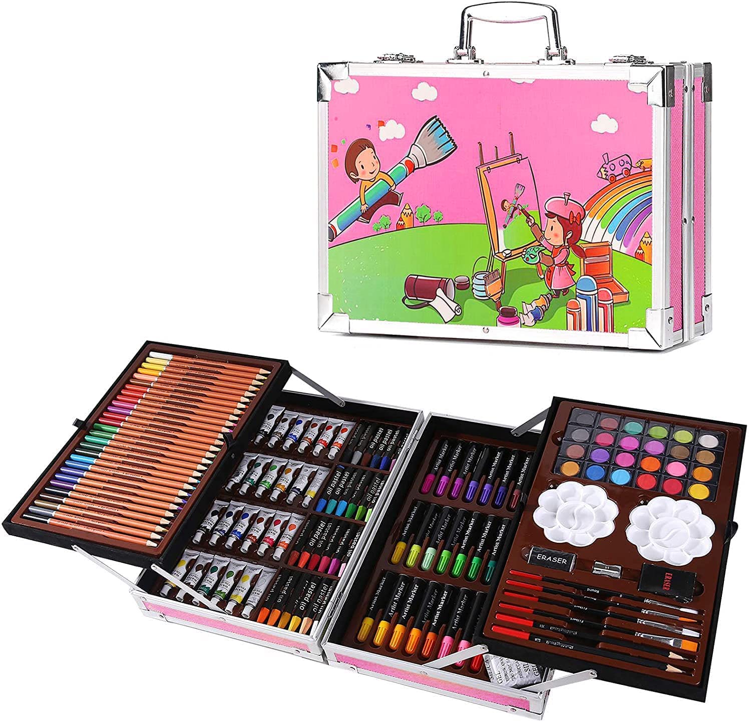 Moonmen 145Pcs Painting & Drawing Set in Aluminum Case with Oil Pastels, Colored Pencils, Acrylic Paints, Sharpener, Watercolor Cakes, Brushes and Tools-Art Supplies for Kids Teens Adults(Red)