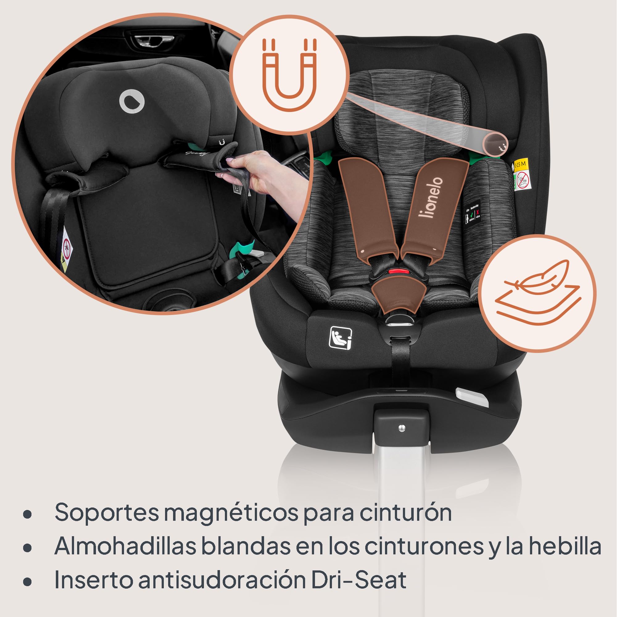 LIONELO BRAAM i-Size Silla de Coche para Bebé Giratoria 0-36kg, Instalación Delantera y Trasera, sistema de anclaje ISOFIX+, pie estabilizador, Reposacabezas y Respaldo Ajustable