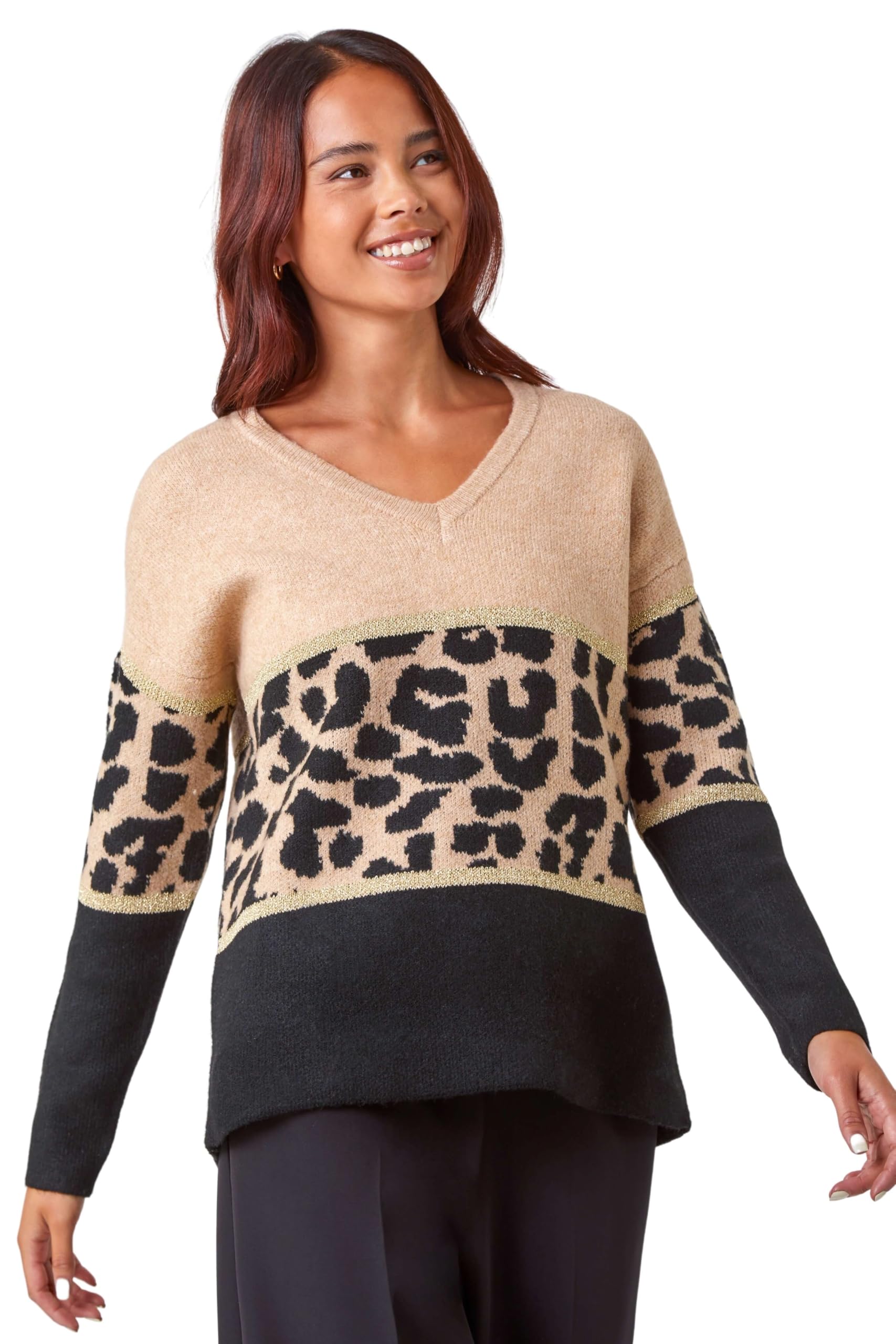 Roman Originals Women's Null Roman Petite Animal Print Colourblock Jumper For Uk - Autumn Everyday Winter Holiday V-Neckline Comfy Long Sleeve Soft Stretch Knit Top Desk To Dinner Sweaters - Camel - Size 14 Petite