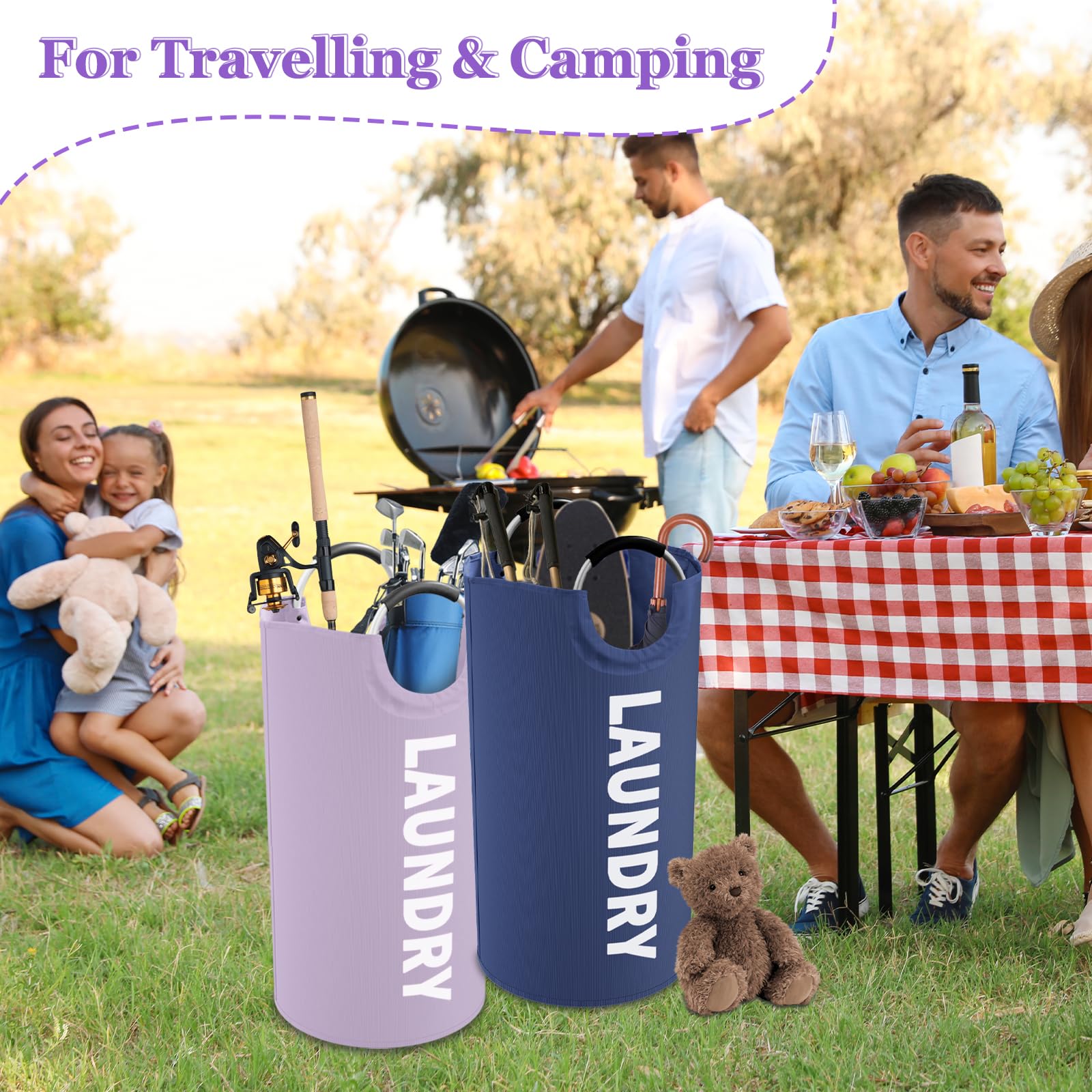 Set di 2 cesti portabiancheria grandi, 95 l, pieghevoli, con manici in alluminio, portatili, per camera da letto, viaggi, viola e blu navy