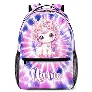 Custom Unicorn Backpack for Girls - Personalized Name 17 Inch Kids Lightweight Bookbag, 18L Daypack for Elementary School
