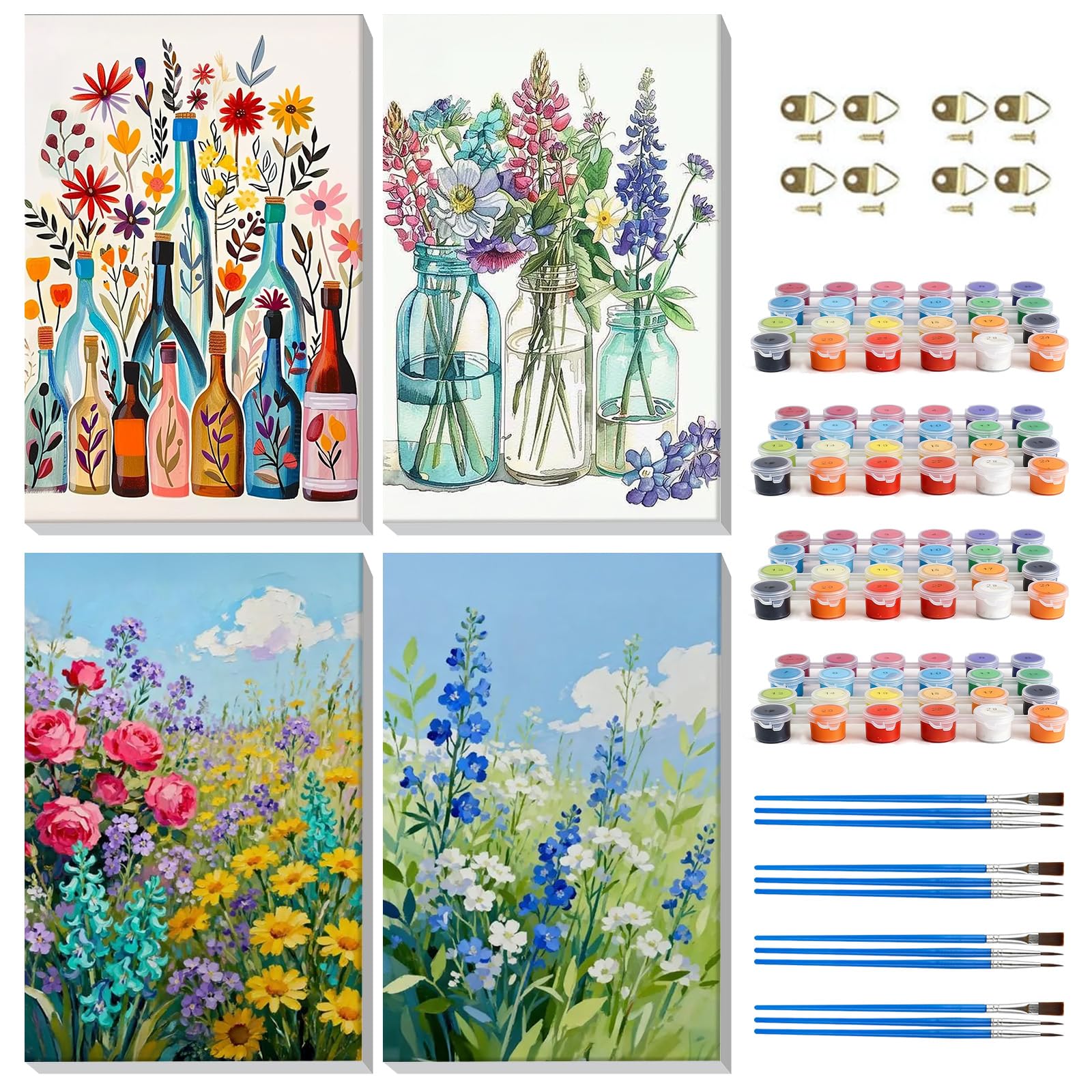 MISCER 4 Pack Flowers Framed Paint by Numbers Kit for Adults Beginners, Adult Paint by Number Landscap Kits On Canvas, DIY Acrylic Painting Adult Craft Gift for Home Wall Decor 8x12 inch