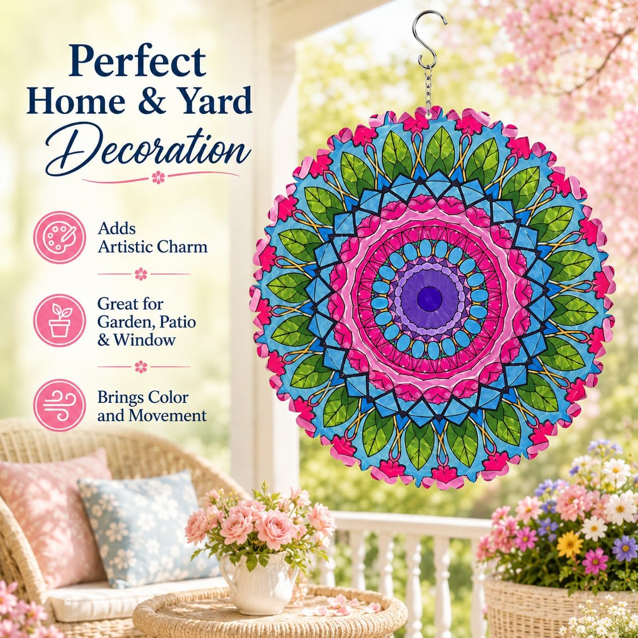 Wind Spinner Mandala 12 Inch 3D Stainless Steel Hand Painted Garden Decor, Outdoor Wind Sculptures Yard Art, Reflective Spinning Decoration, Gift for Women Men image 5