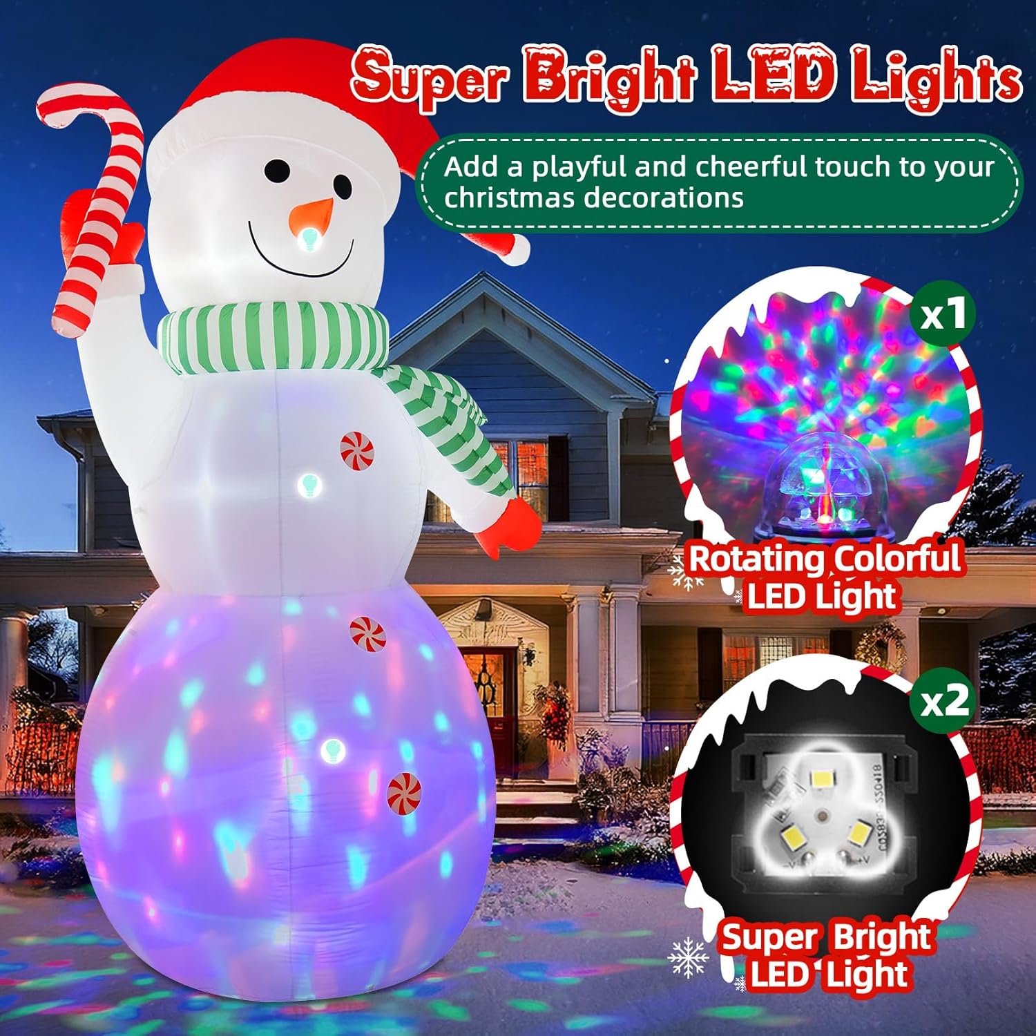 B&D 12FT Giant Christmas Inflatables Snowman Outdoor Decorations, Christmas Blow Up Snowman Inflatables Yard Decoration with Rotating Colorful LED Lights for Holiday Party Garden Yard Outdoor Decor