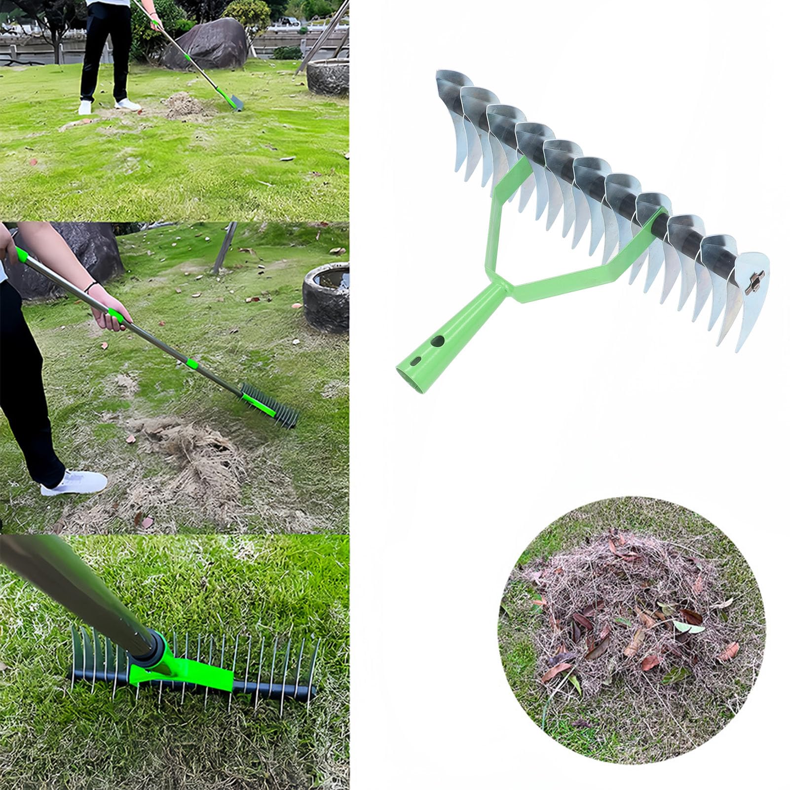 BORDSTRACT Rastrillo de Paja de Acero Inoxidable, Dientes de Punta Curvada para techar césped, Herramienta de Mantenimiento de jardín, para resembrar, Cultivar