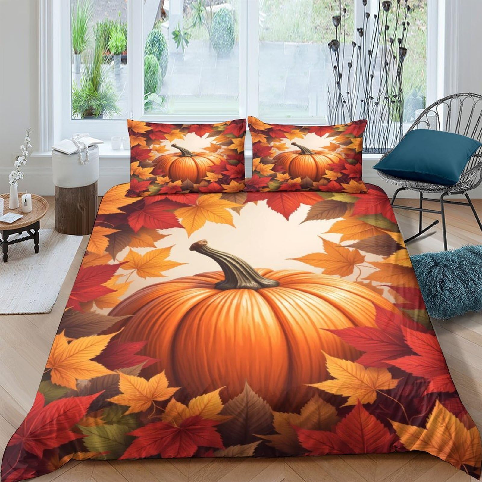 Ctjqhvkz Style-5 3D Printed Autumn Pumpkin Fitted Sheet Microfiber Orange Maple Leaf Bed Cover For Bedroom Guest Room Decor Single（135X200cm）