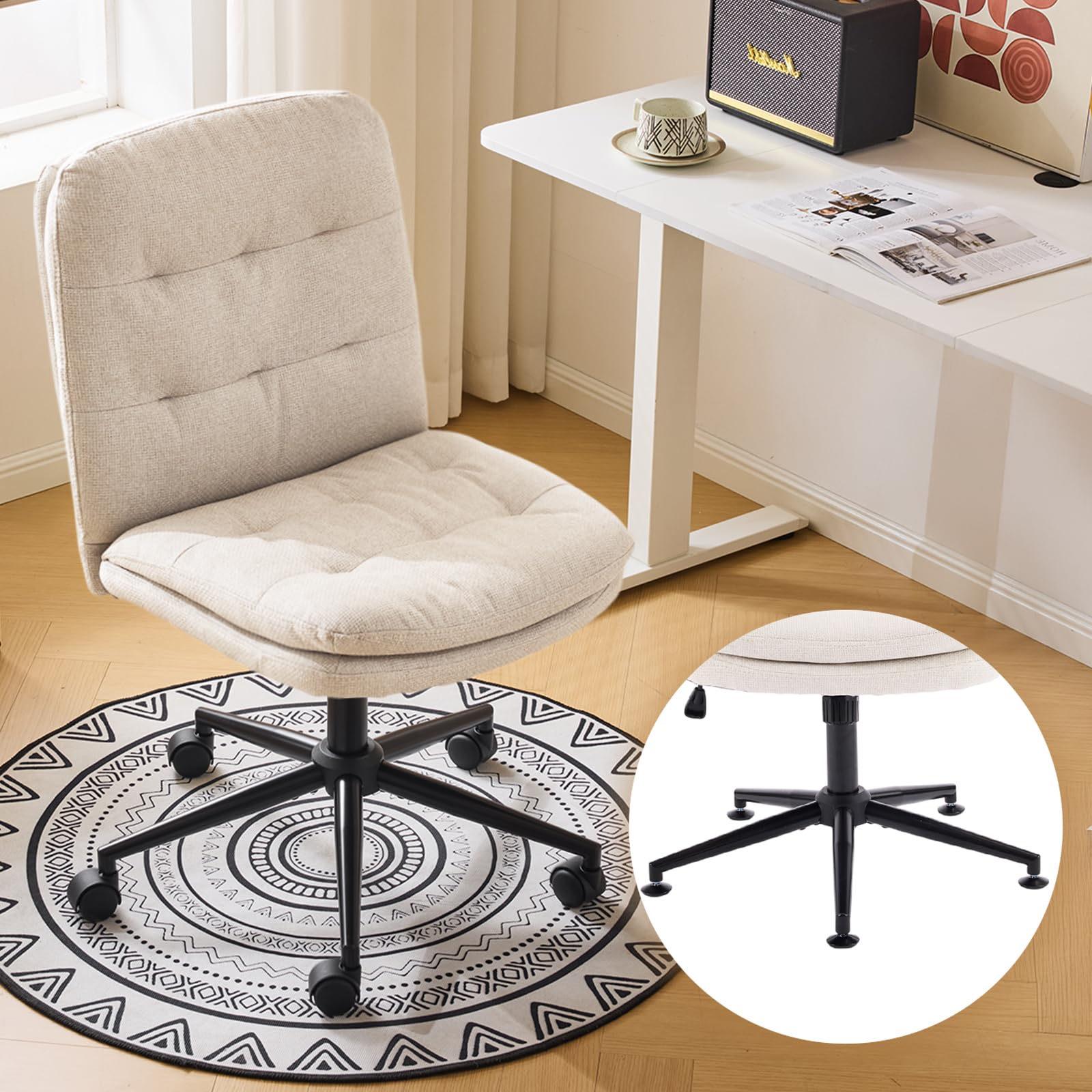 VINGLIMid Back Armless Office Desk Chair with Wheels/no Wheels,360°Rocking Swivel Vanity Chair with Thickened Cushion,Adjustable Height Rolling for Reading Room, Make up,Linen Beige