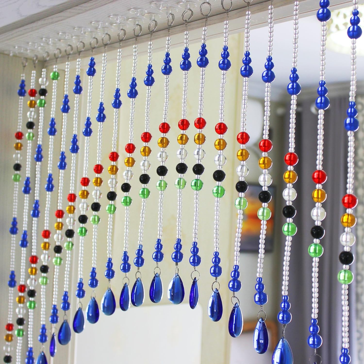 Beaded Curtain for Doorways,Hanging Glass Clear Crystal Door Beads Curtains for Windows Room Divider Bedroom Coffee House (25 Strings ColourBlue)