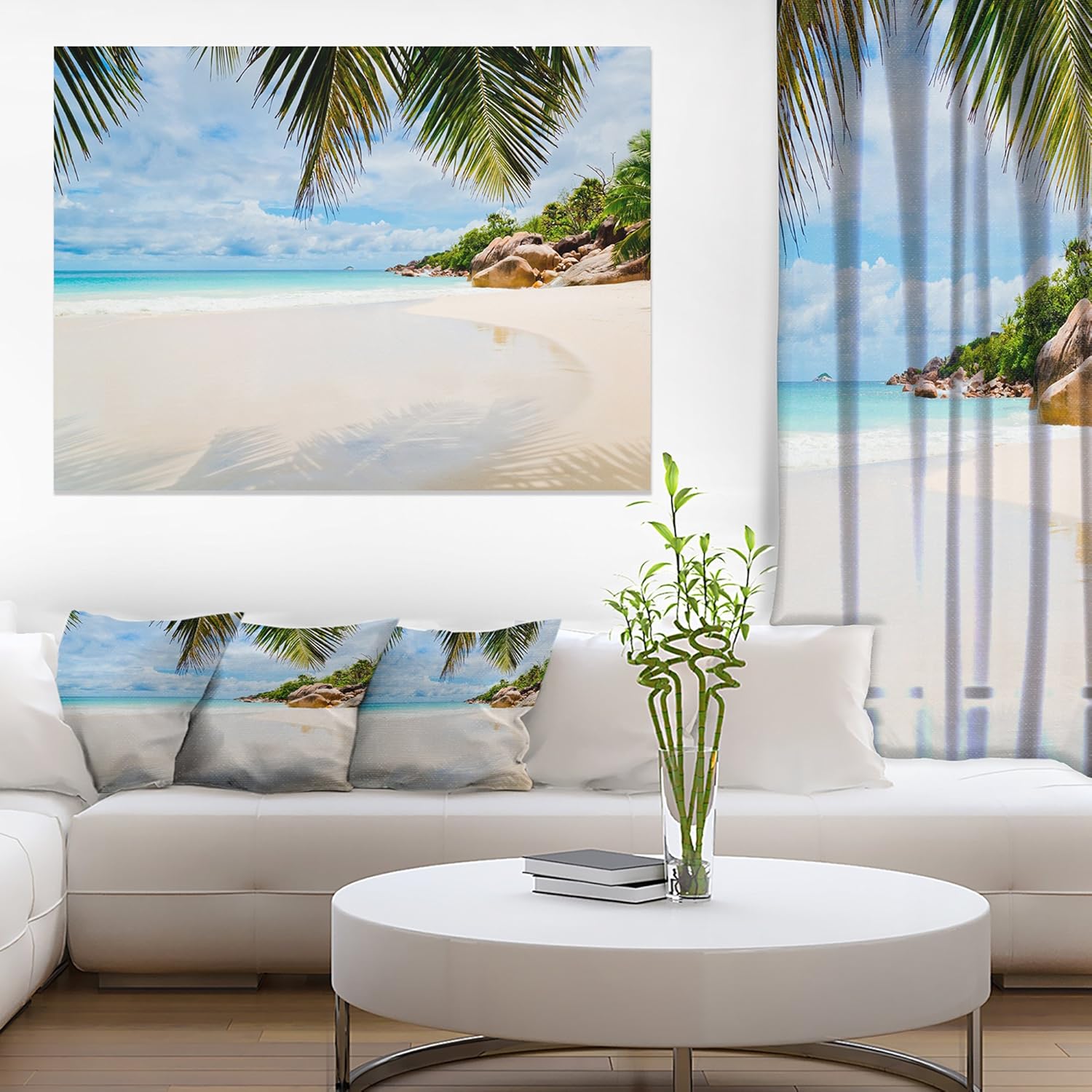 Designart PT11452-20-12 Summer Beach with Palm Leaves-Modern Seascape Canvas Artwork-20x12, 12" H x 20" W x 1" D 1P 20"L x 1"W