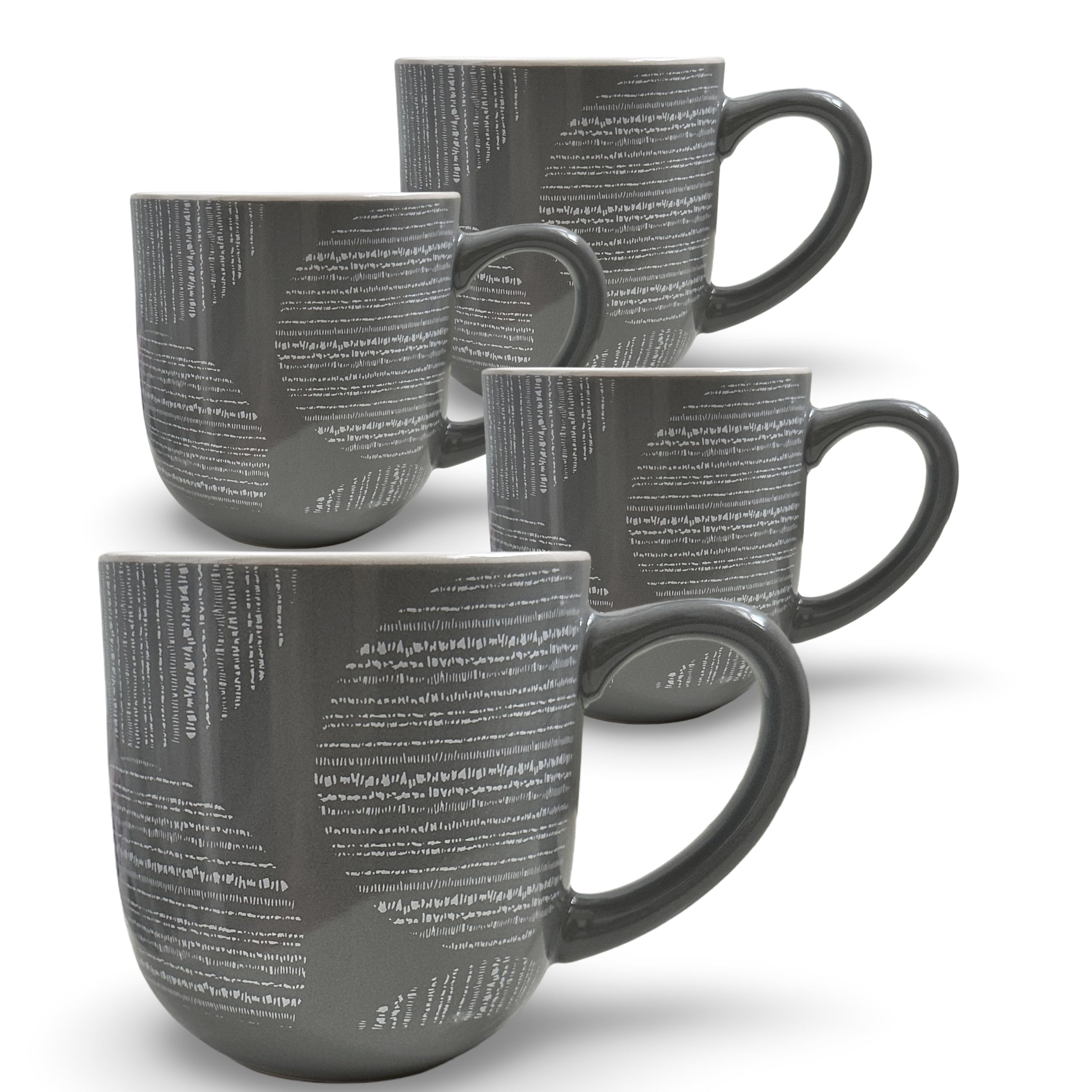 WoW HomeStore Set of 4 Grey Mugs - 350ml - Geo Print - Ceramic Coffee Mugs