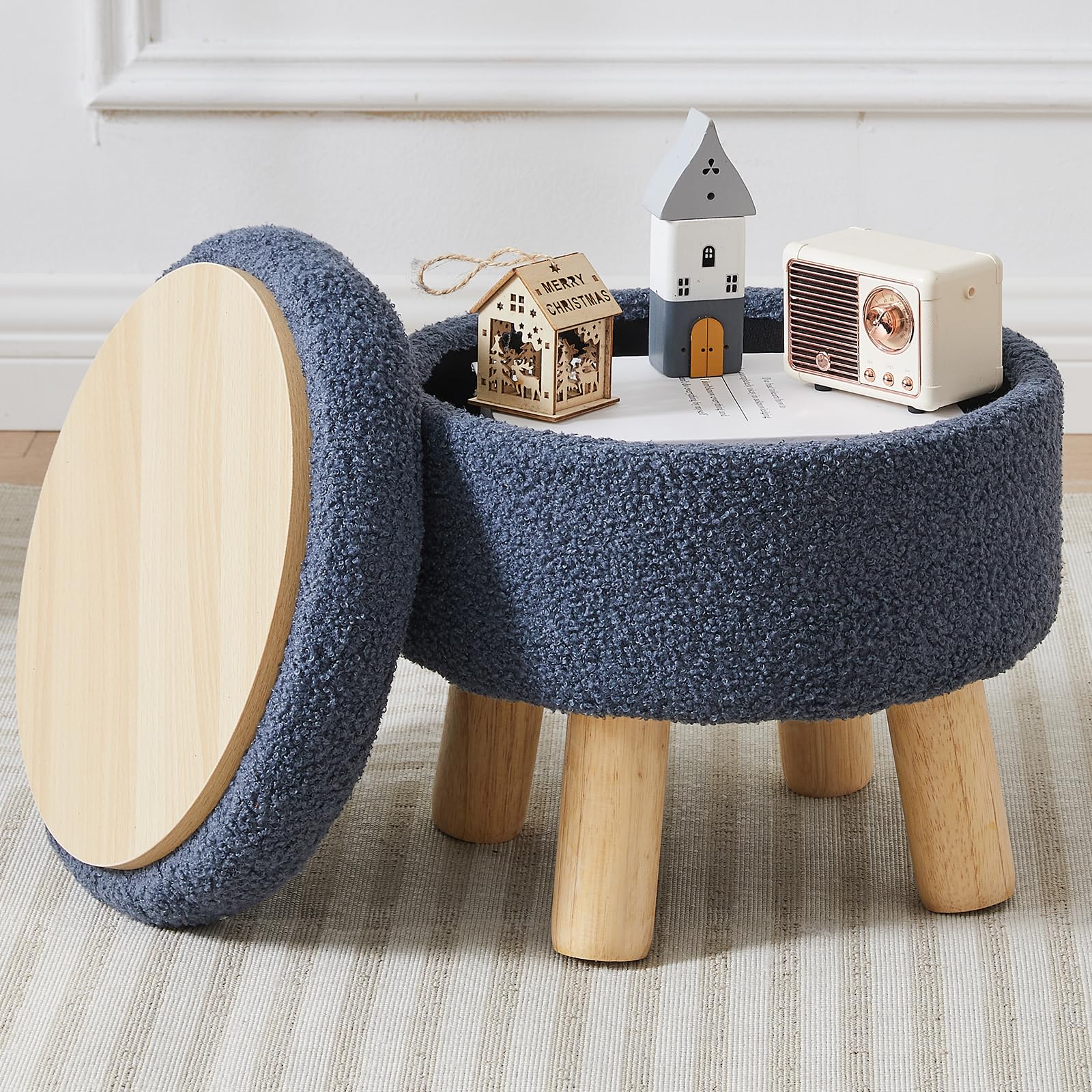 BRIAN & DANY Footstool with Storage, Small Storage Ottoman, Teddy Fleece Round Stool with Lid, Sherpa Foot Stool with Legs for Living Room Entryway, Blue