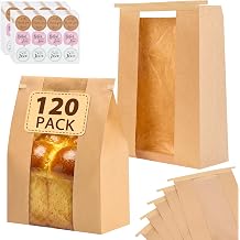 Moretoes 120 Pack Large Paper Bread Bags for Homemade Bread, 13.7x8.3x3.5 Inches, Sourdough Bread Bags with Tin Tie Tab and Clear Front Window, Includes 144 Label Seal Stickers Brown