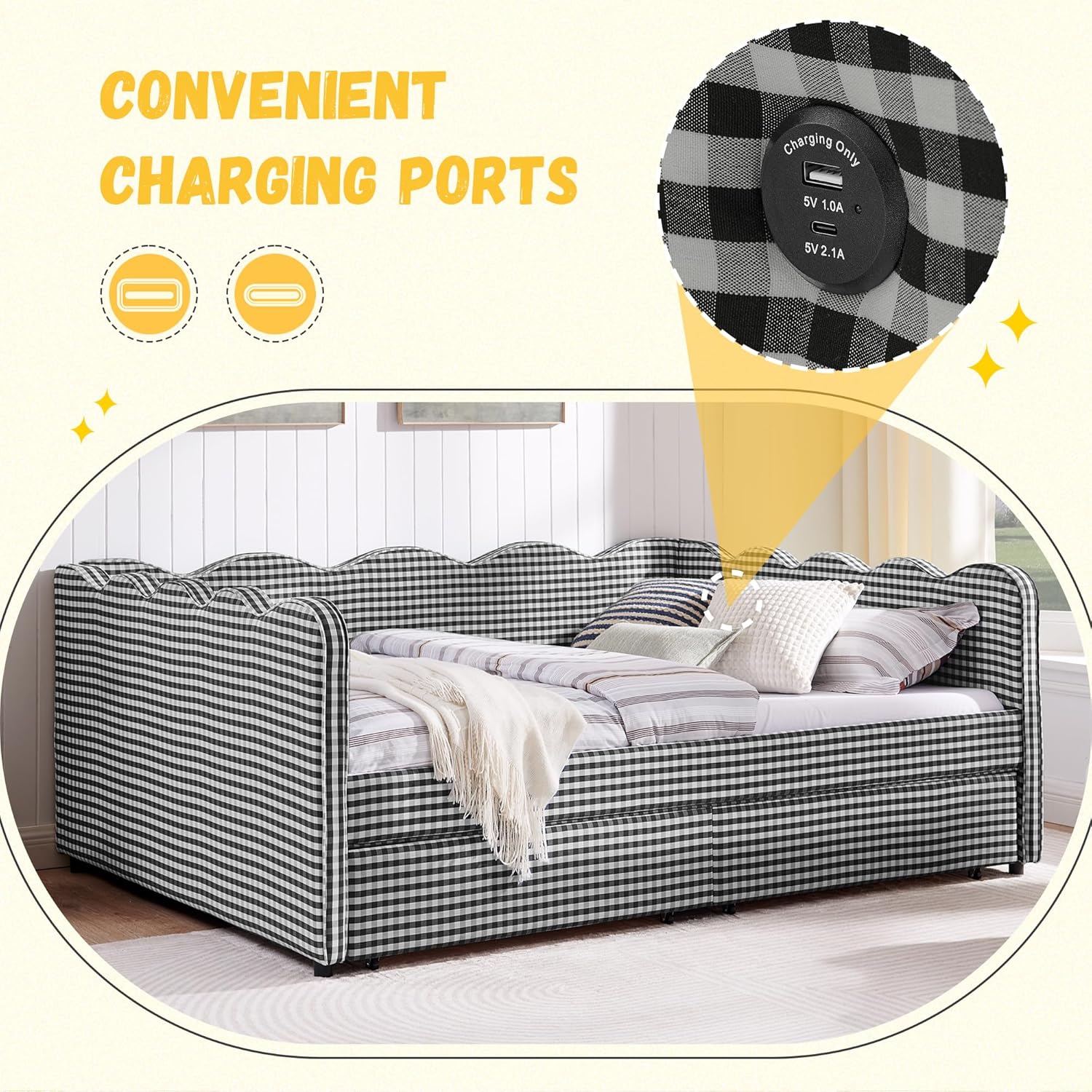 DEINPPA Queen Size Upholstered Daybed with 2 Storage Drawers, Gingham Daybed with USB Ports for Bedroom Living Room Guest Room-Black