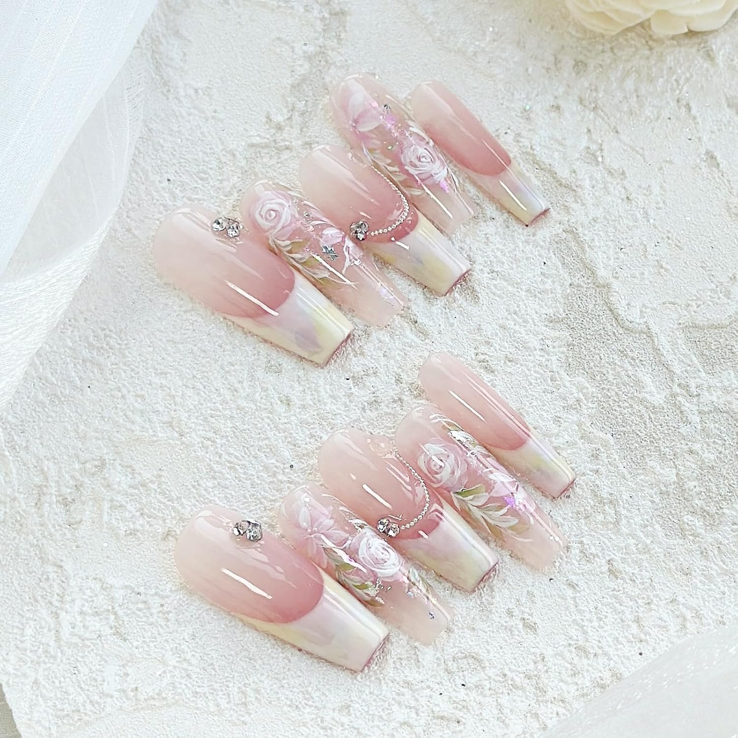 Nails Handmade Press on Nails Long Coffin | Handmade nails with flowers | Reusable hand painted Nails with Design | False Nails 10 Pcs (Rosa Multiflora, M)