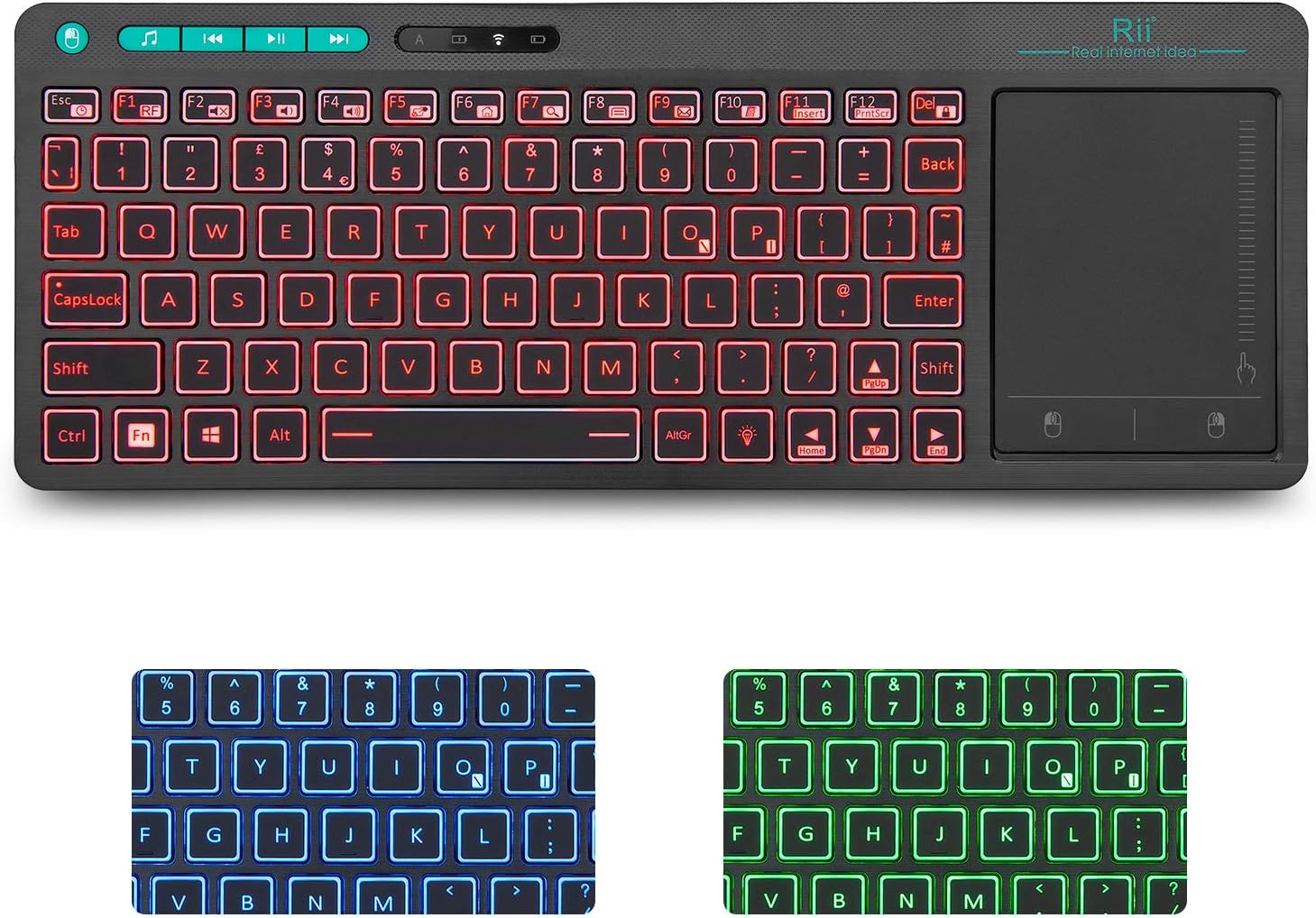 Rii K18 Plus 2.4G Wireless Keyboard with Touch Pad Multimdeia RGB Backlit Keyboard Compatible with PC Laptop Linux Fire Stick Windows 2000 XP Vista 7 8 10 UK layout