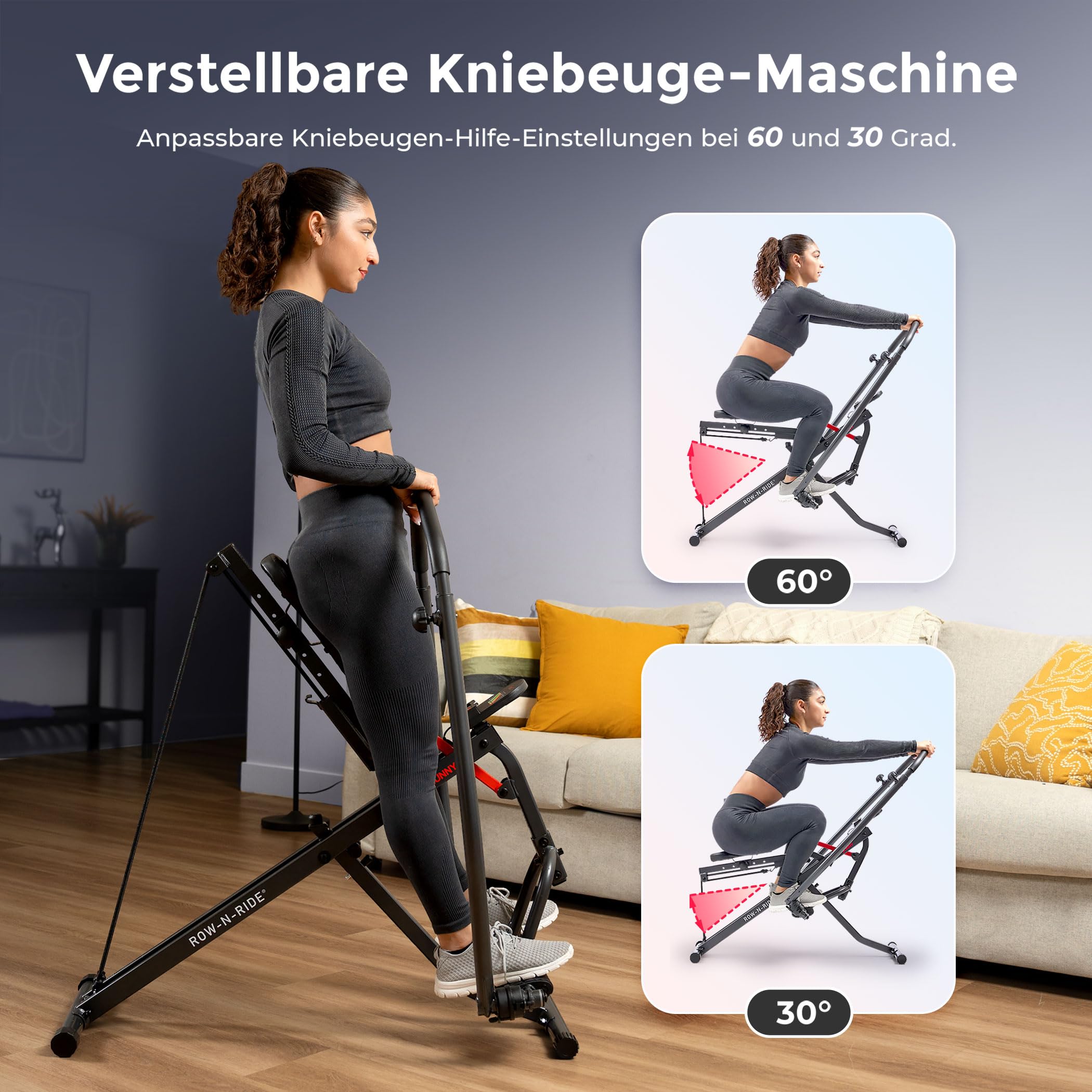 Sunny Health & Fitness Row-N-Ride Kniebeugentrainer fürs Heimtraining | 3 Kniebeugentiefen, Bis zu 135 kg Belastbarkeit, Verstellbarer Sitz/Griff, Bis zu 5 Widerstandsstufen, Ganzkörpertraining