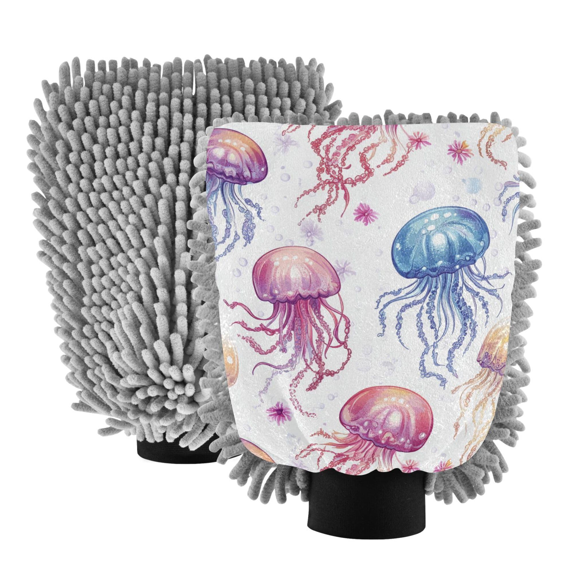 Cute Jellyfish White Hand Mitt Car Wash Glove 2 Pack Washing Mitts Non Scratch Clean Safe Mitt for Hand Brush Cleaning