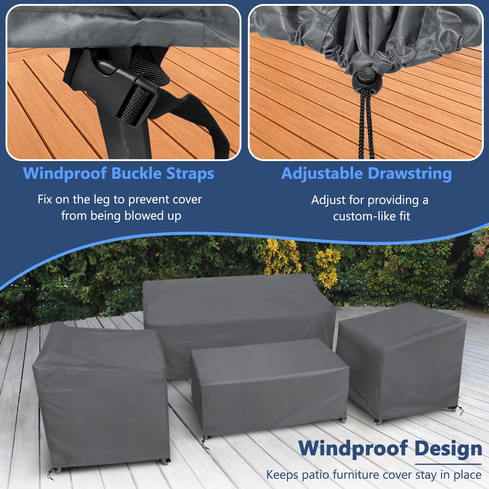 STARTWO Coperture per mobili da giardino, 4 pezzi, resistenti e impermeabili, con cinturino con fibbia antivento, in vimini di rattan, per sedie e divani, colore grigio