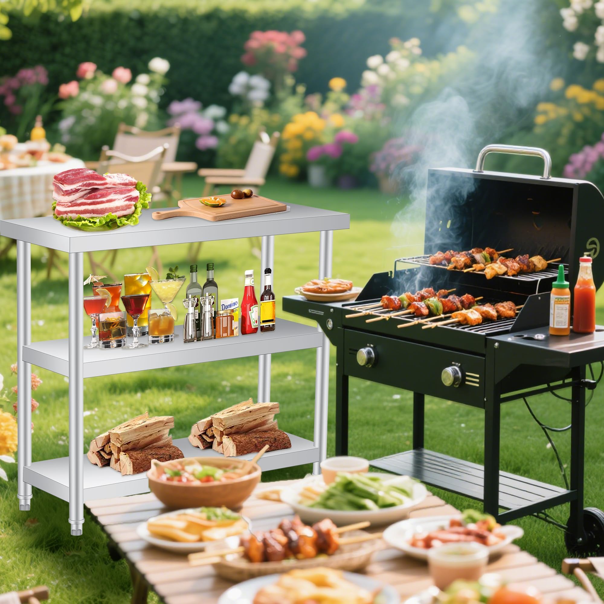 Garvee Table d’appoint 3 Niveaux en Acier Inoxydable 91 x 36 x 86 cm, Étagère de Rangement Robuste, Anti-Rouille et Facile à Nettoyer, pour Jardin, terrasse, Cuisine extérieure, Restaurant et Atelier