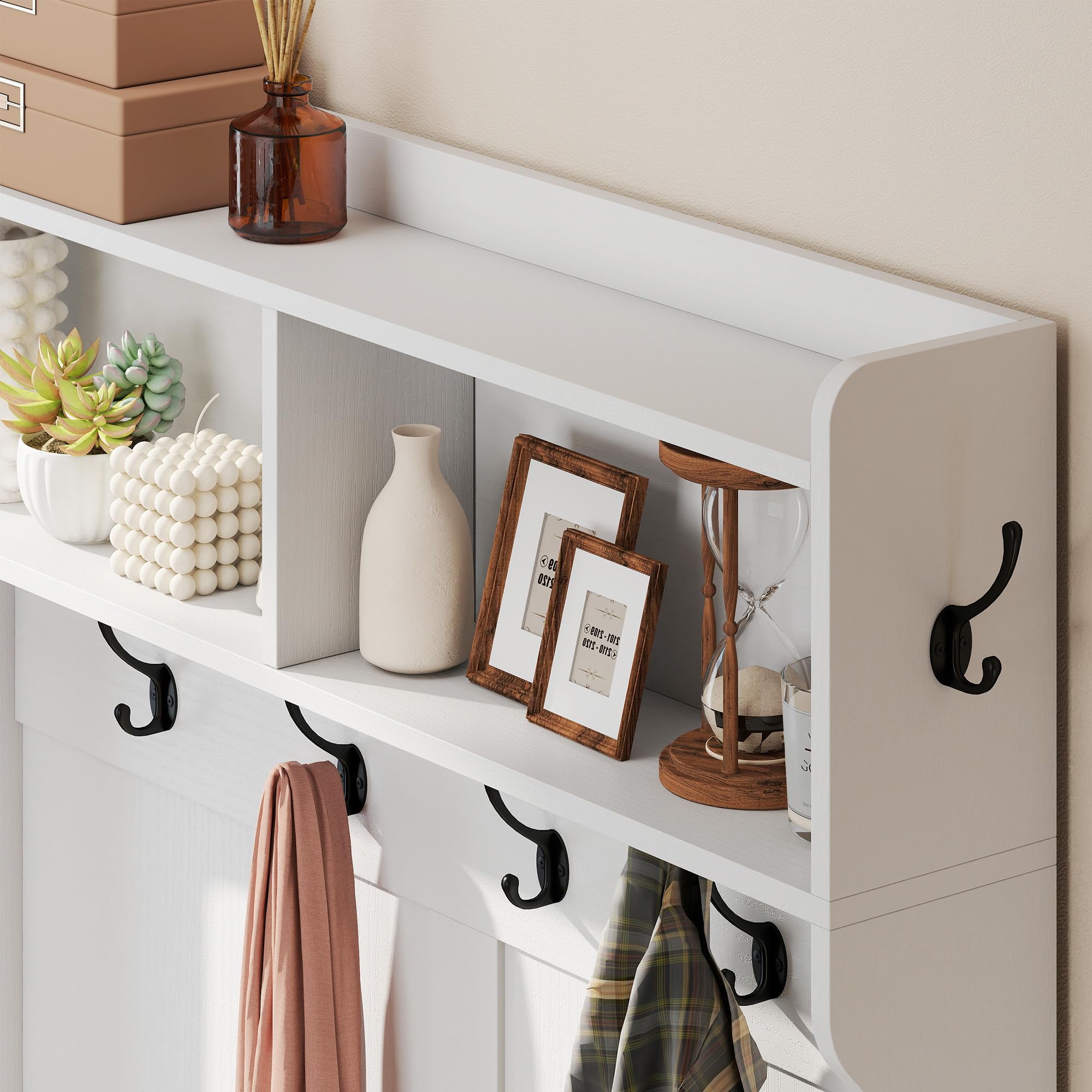 HOMCOM Perchero Zapatero con 2 Puertas y 6 Ganchos 100x38x172 cm Blanco | Perchero Recibidor Entrada, Estantes Abiertos, para Abrigos Pasillo Dormitorio Salón, Estilo Moderno