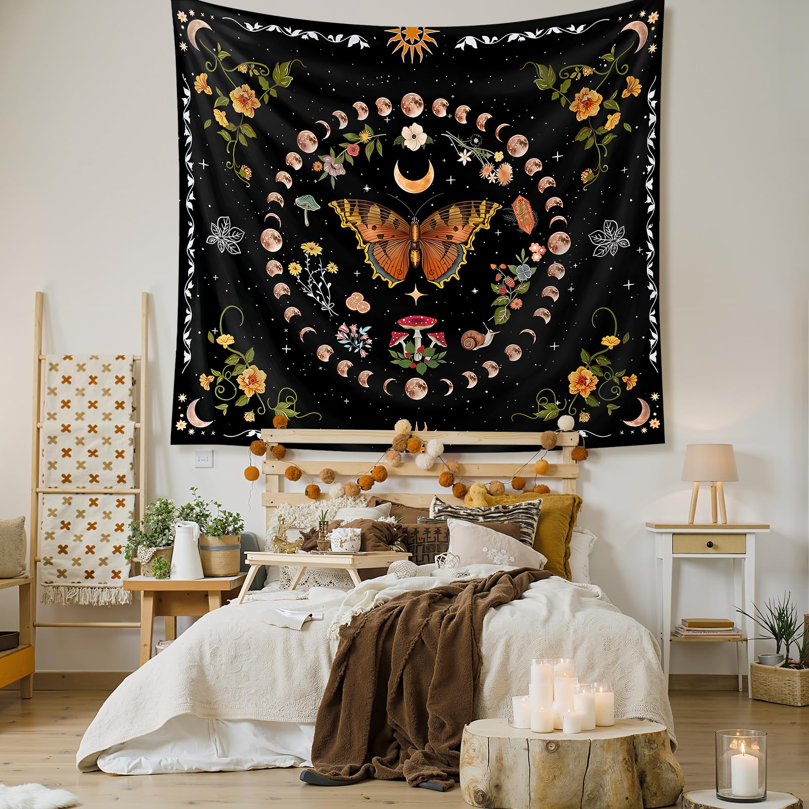 Tapiz Decorativo De Pared 150x200 Cm | Estampado Luna Y Mariposas Naranja | Para Dormitorio O Sala