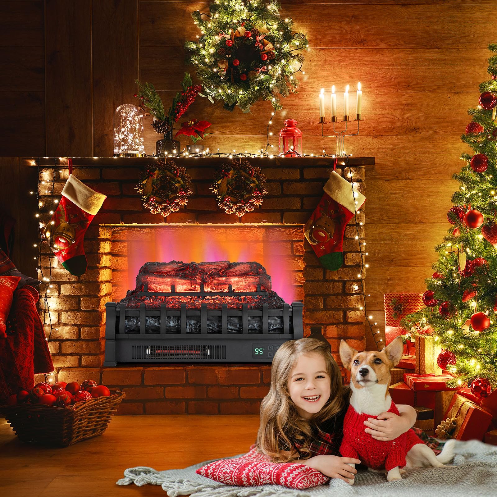 COSTWAY 23 Inch Electric Fireplace Heater, Fireplace Logs Inserts Infrared Quartz Heater w/ 5-Level Flame & Brightness, Adjustable Thermostat & Overheat Protection, 8H Timer, 1500W