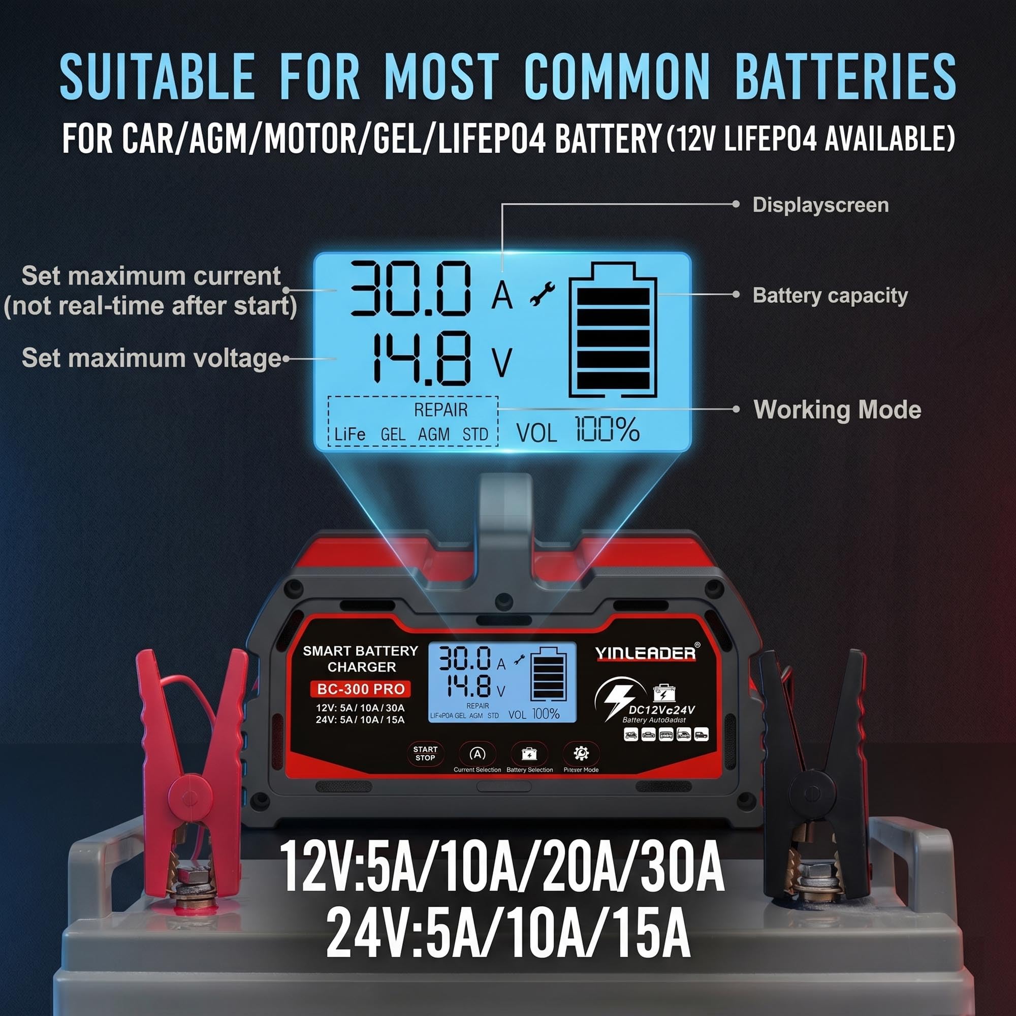 Yinleader Cargador de batería de coche, 30 A, 12 V/24 V, totalmente automático, con pantalla LCD, modo de reparación para AGM Gel LiFePO4 plomo-ácido