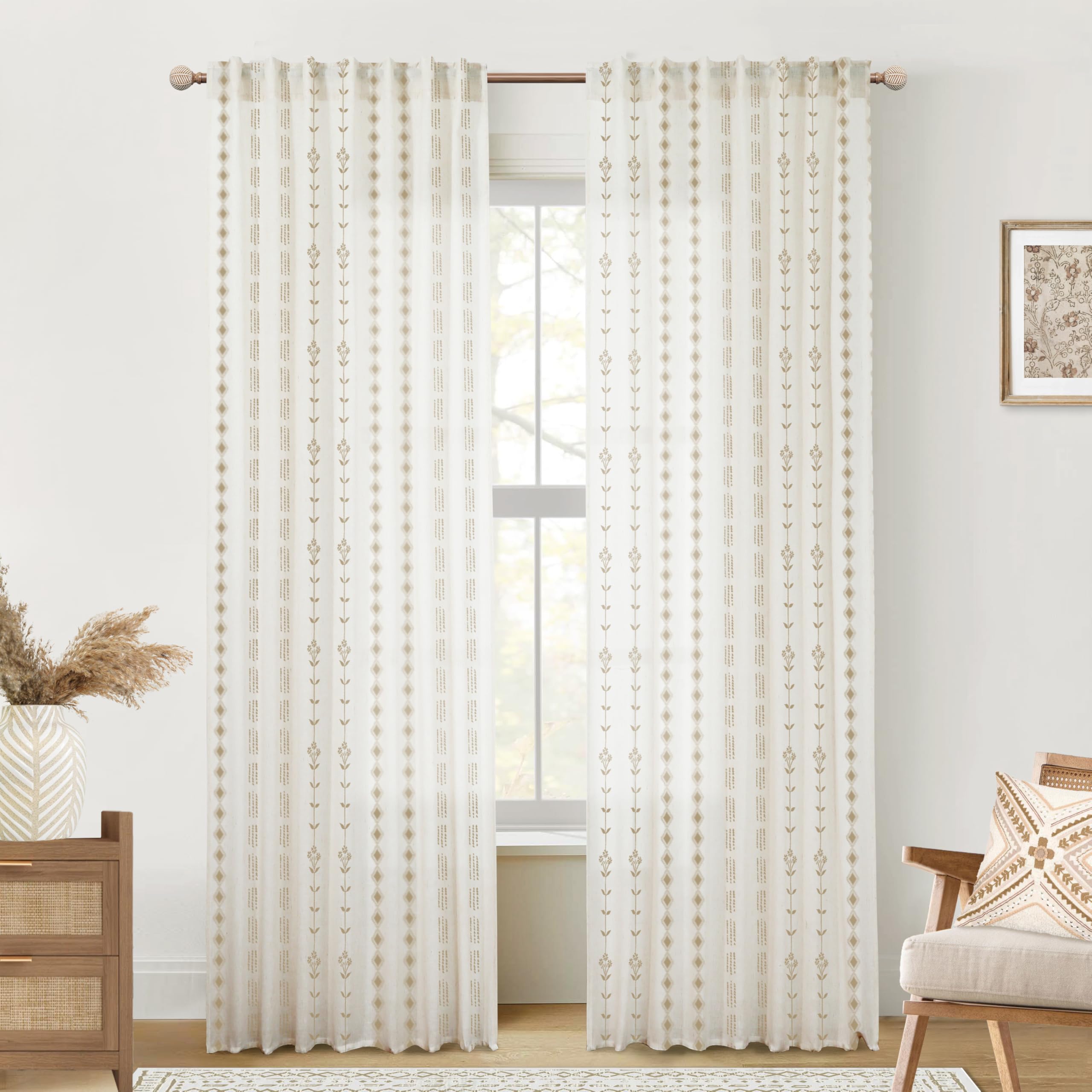 Dark Brown and Cream Beige Sheer Linen Curtains 96 Inches Long,Boho Floral Earthy Room Decor for Living Room 2 Panel Set โ image 1